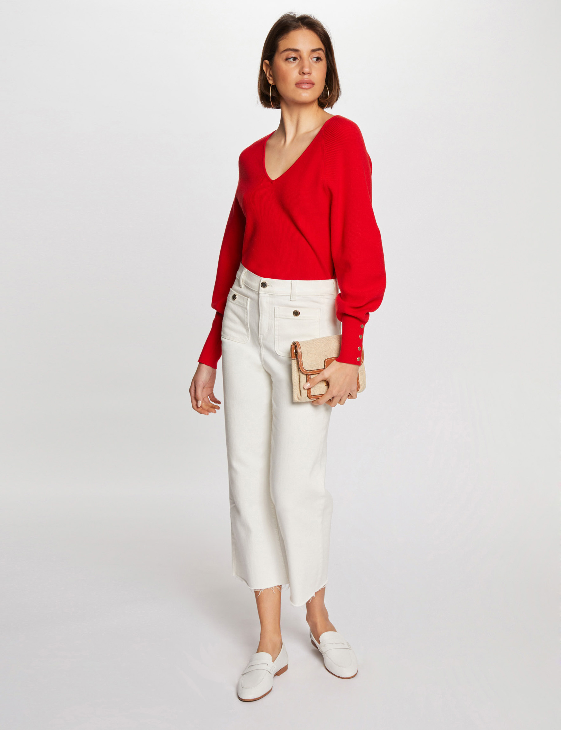 Jersey manga larga escote en V rojo mujer