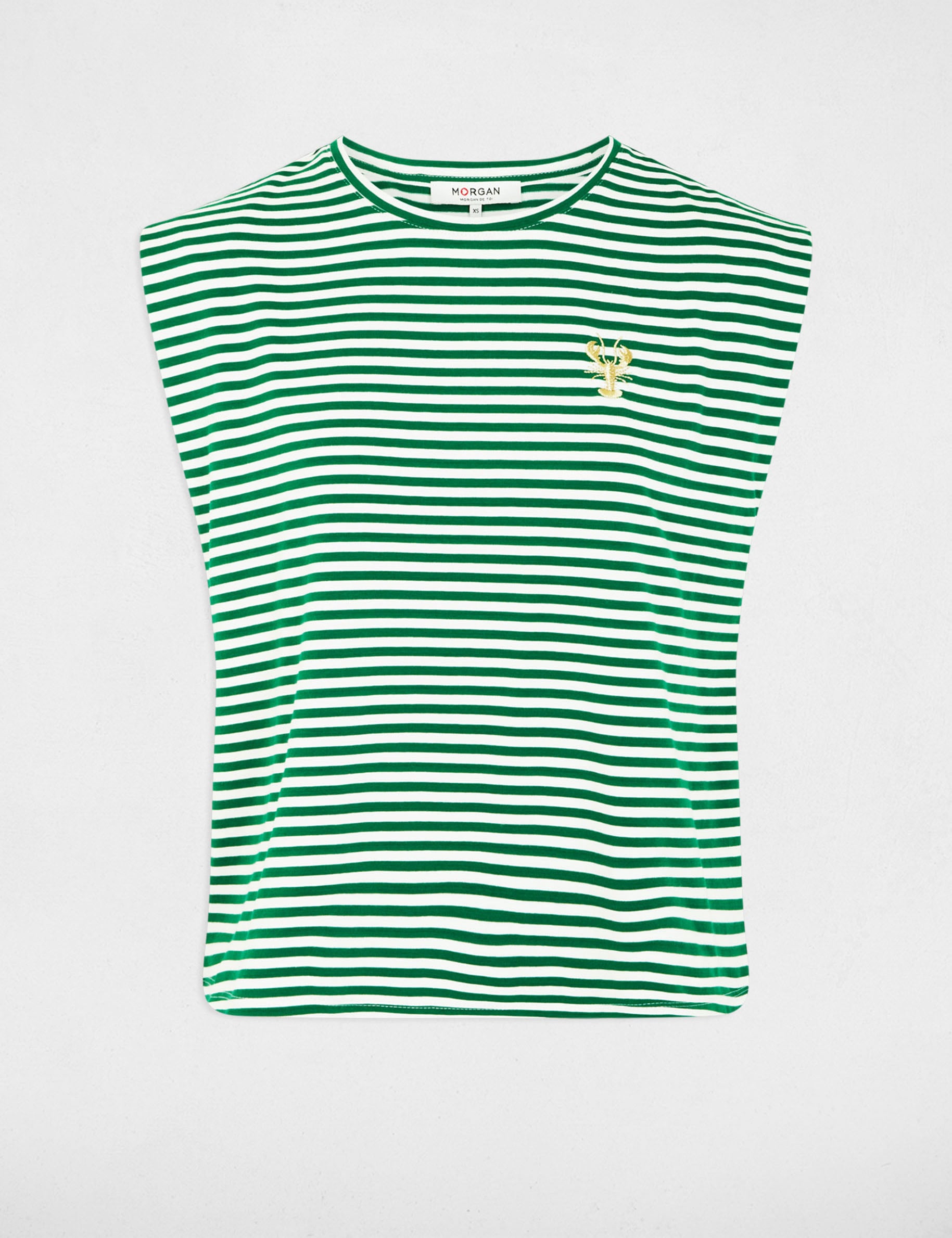 Camiseta de rayas bordada verde pradera mujer