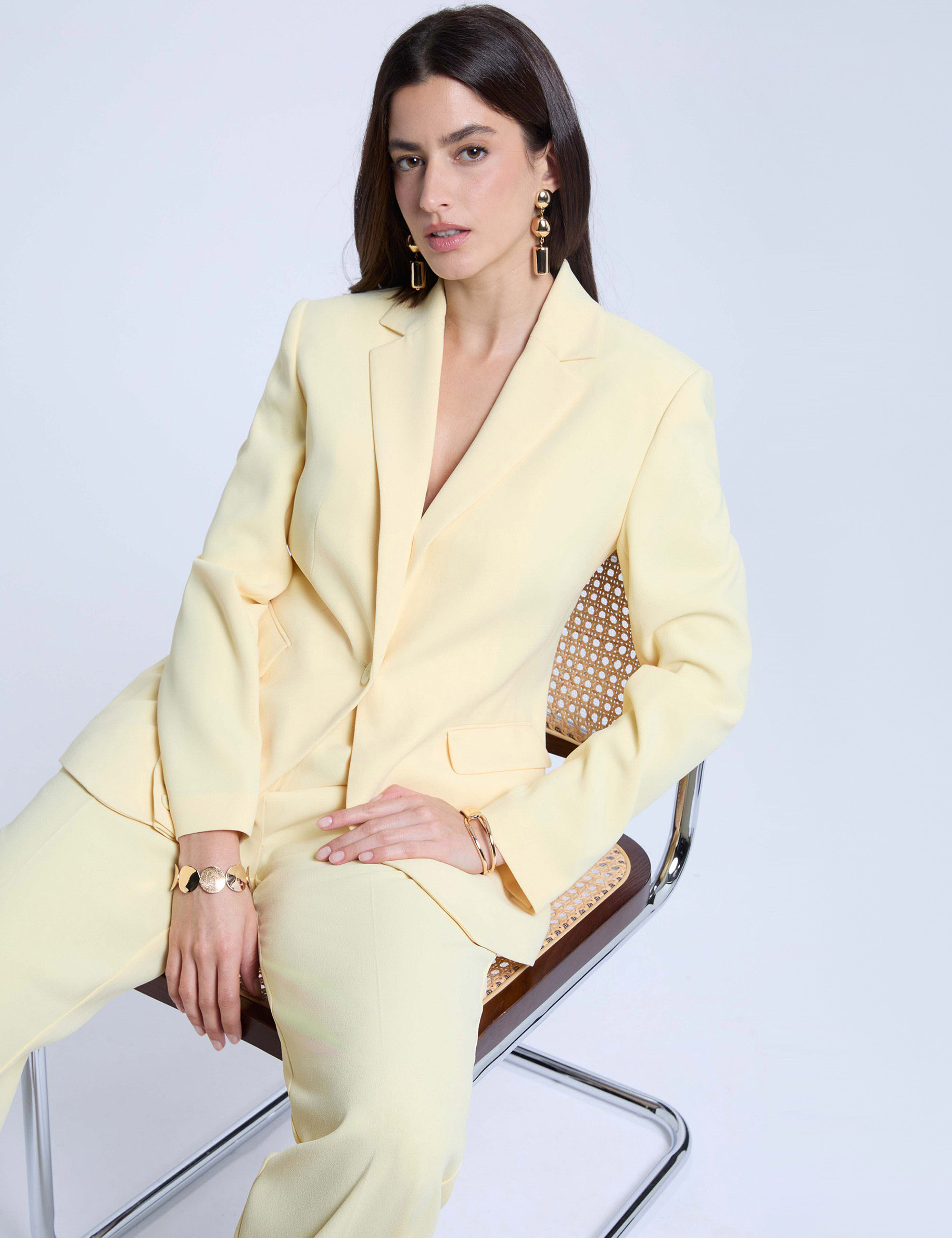 Chaqueta con cuello de sastre amarillo claro mujer