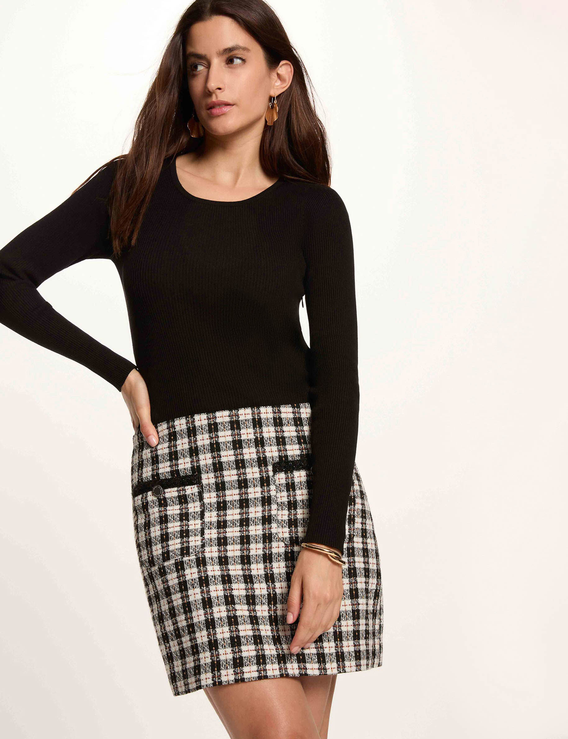 Vestido corto de tweed negro mujer