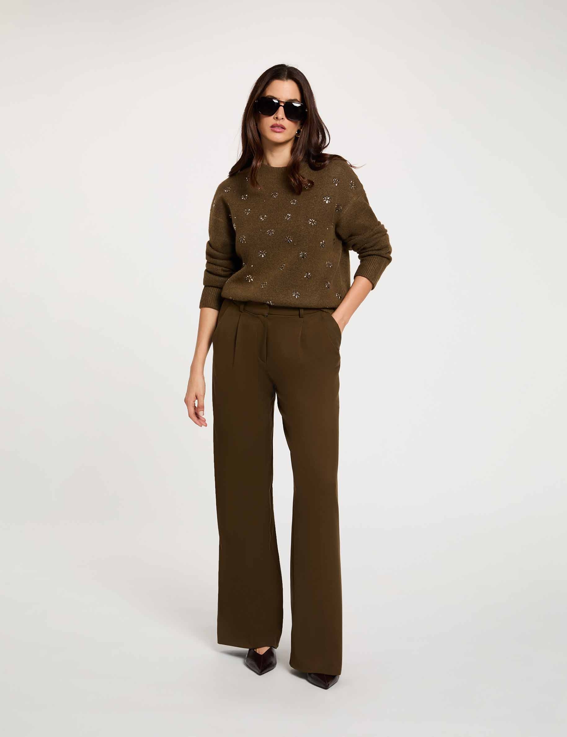 Pantal&oacute;n ancho de tiro alto verde caqui mujer