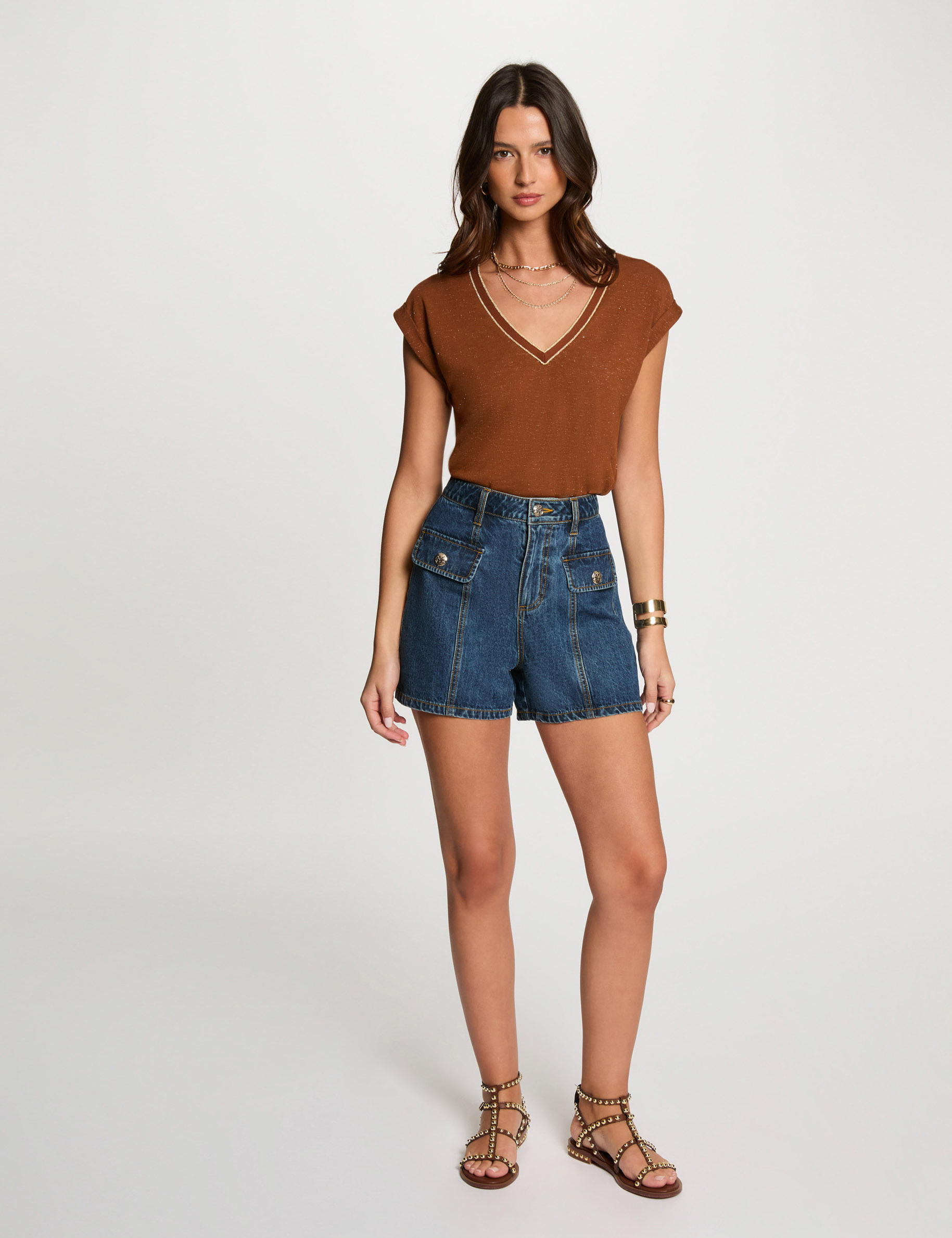 camiseta de manga corta marron conac mujer Camiseta de manga corta marrón coñac mujer