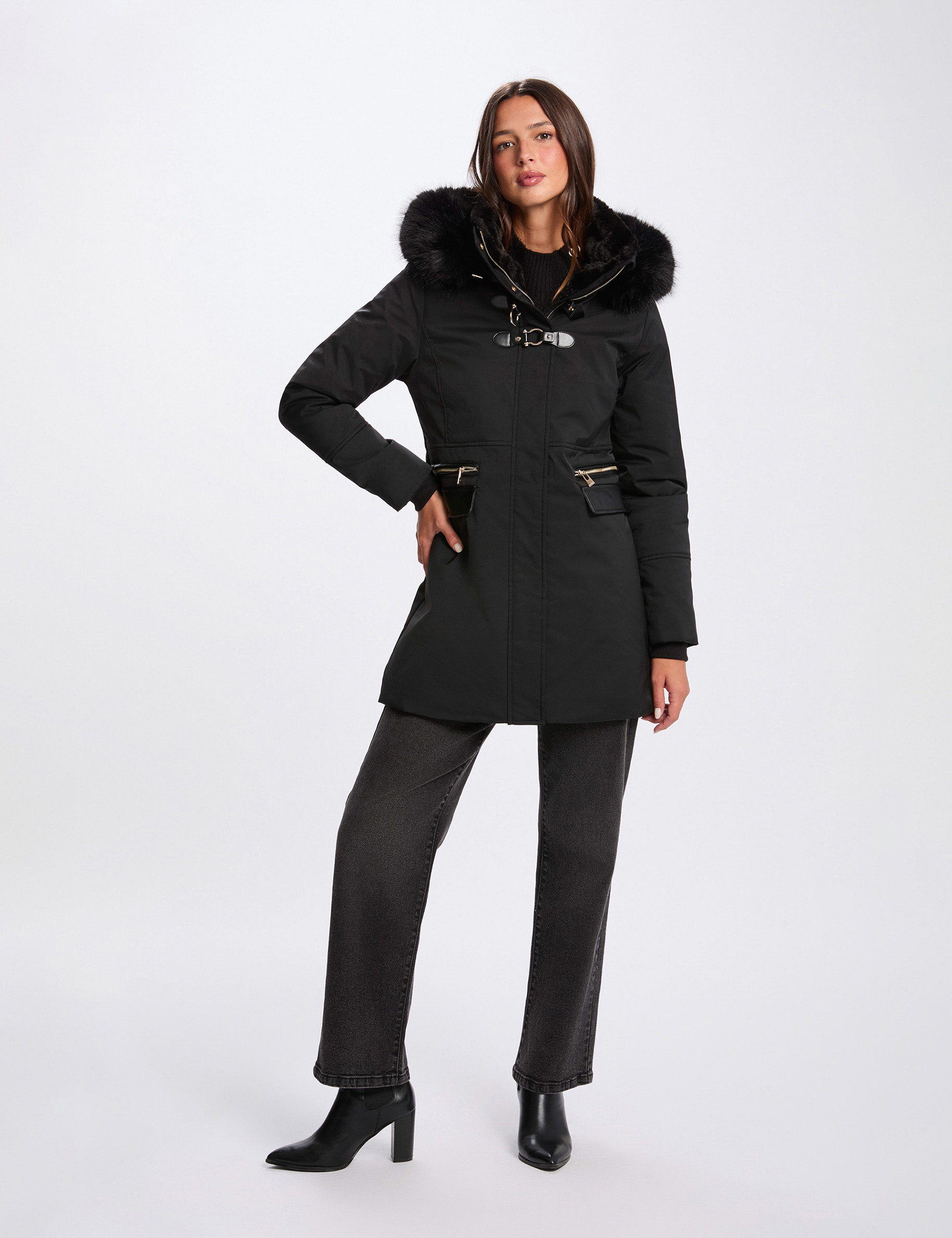 Parka recta de media longitud negro mujer