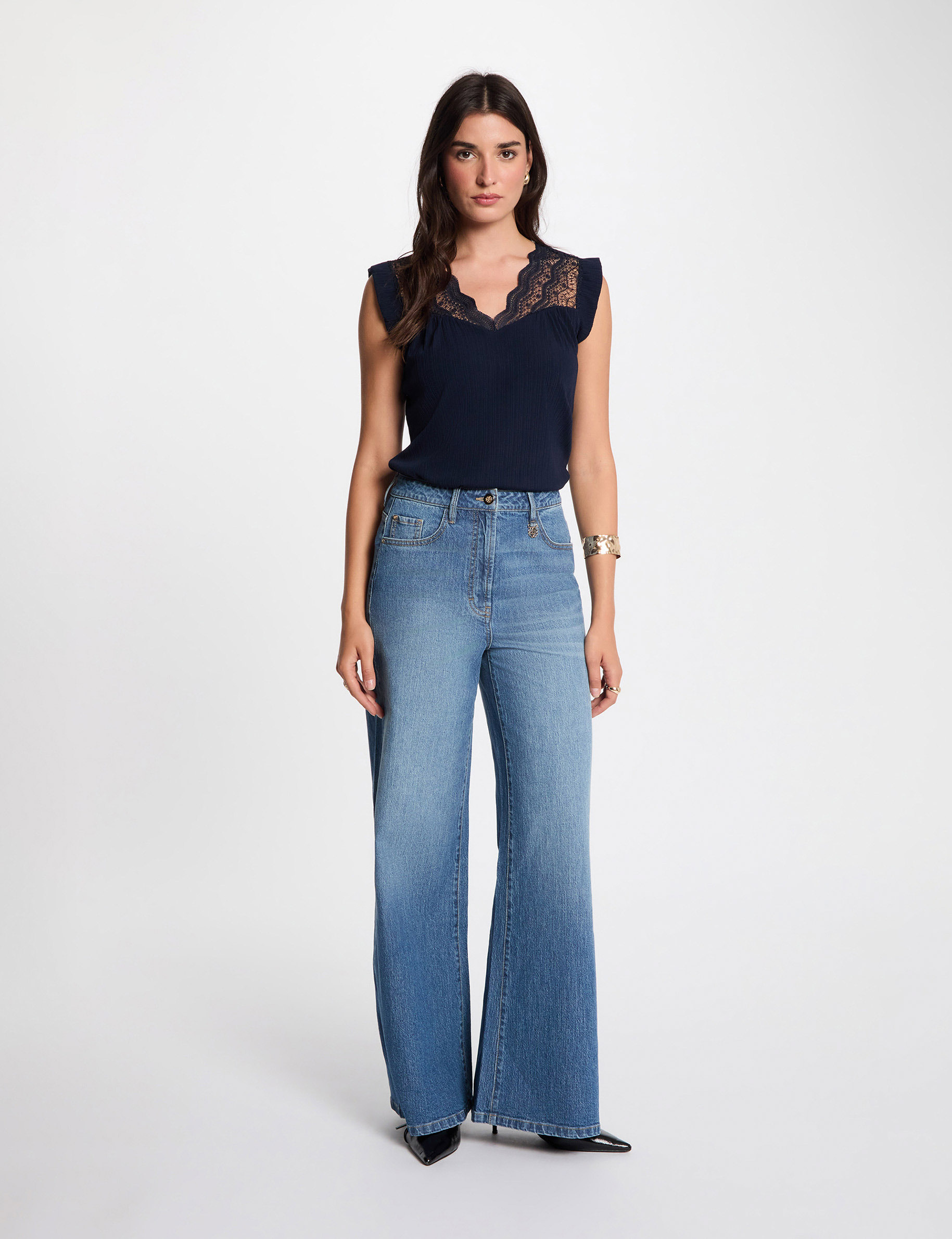 Top plisado con encaje azul marino mujer