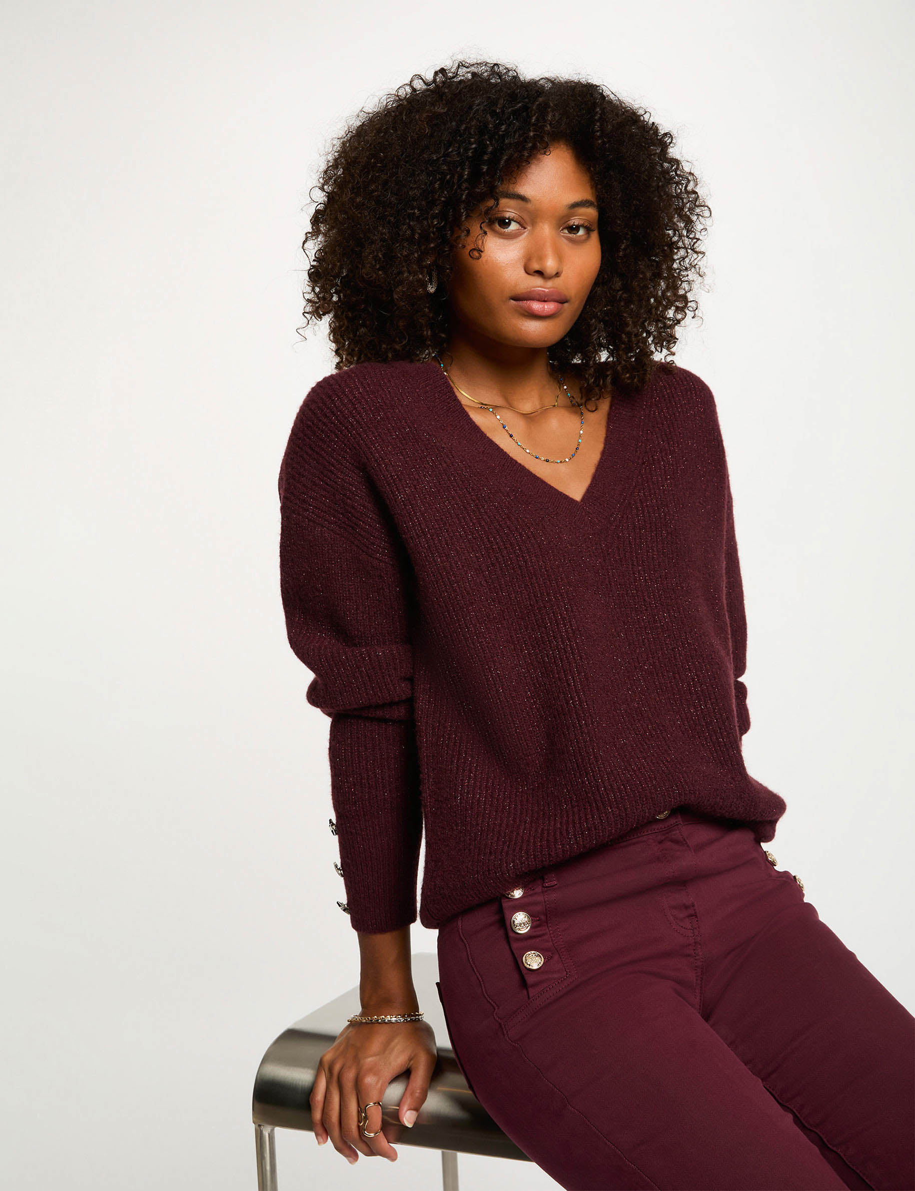 Jersey cuello en V oversize ciruela mujer