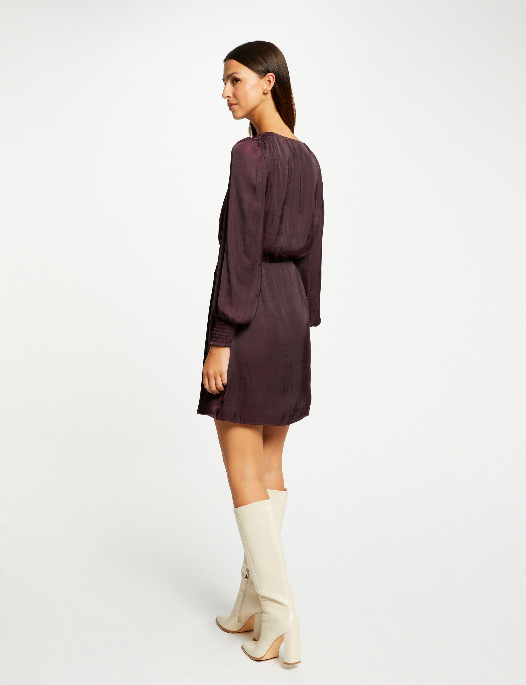 Vestido entallado drapeado de satén ciruela mujer
