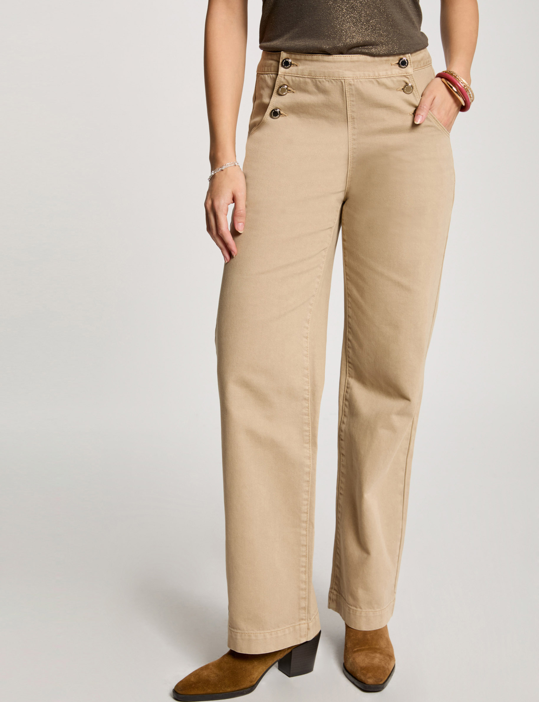 pantalon pernera ancha botones marron clair mujer Pantalón pernera ancha botones marron clair mujer