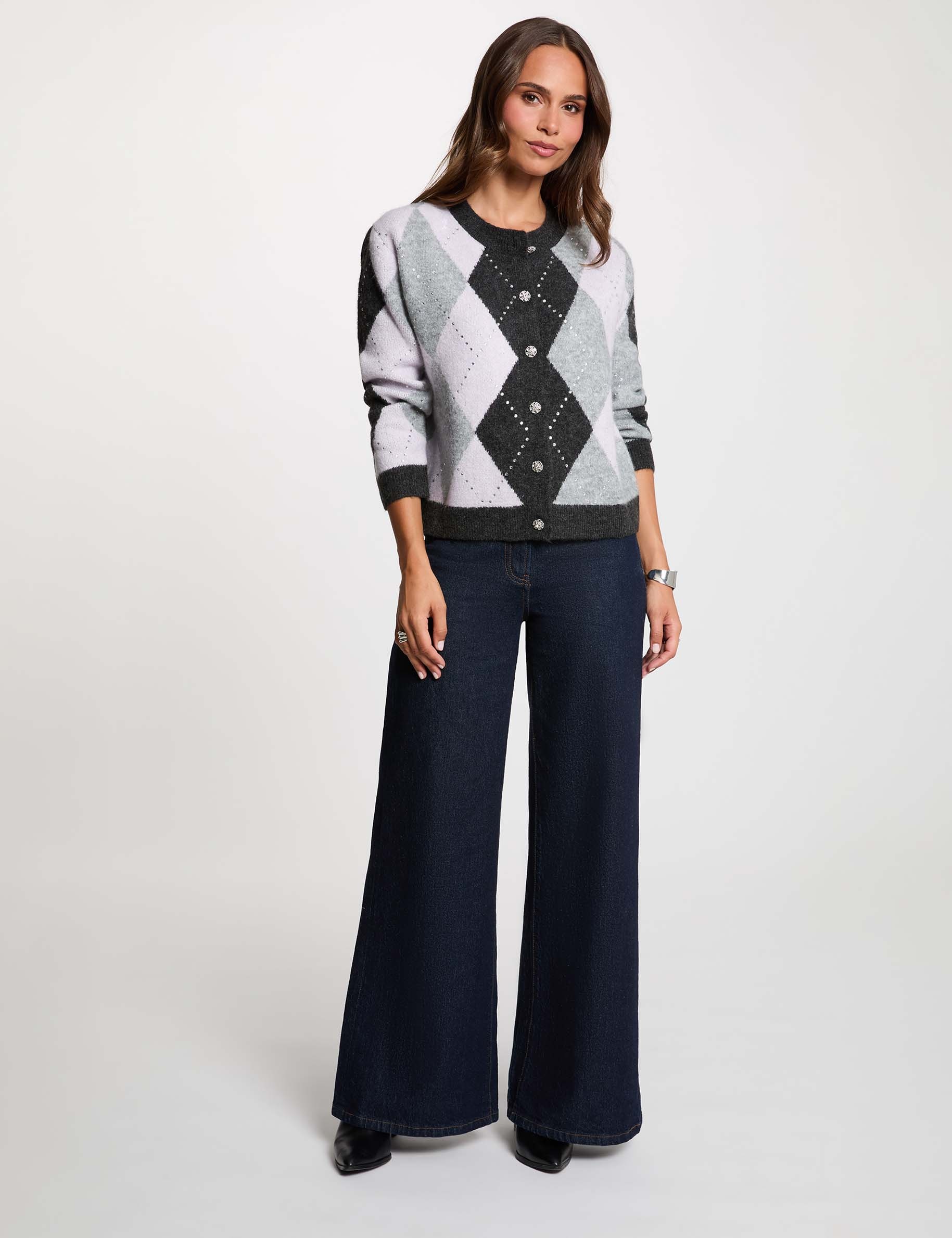 C&aacute;rdigan jacquard con cuello redondo gris moyen mujer