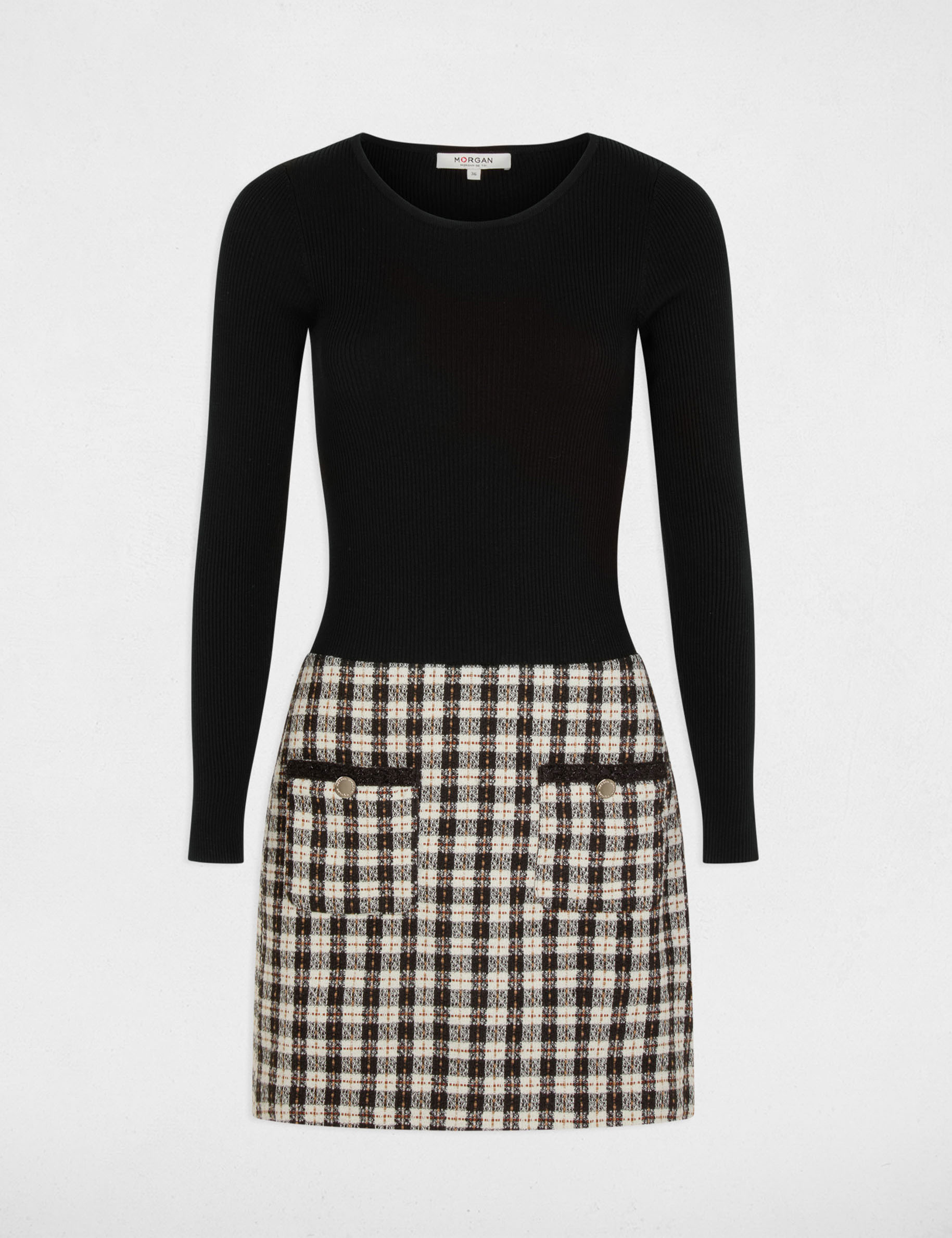 Vestido corto de tweed negro mujer