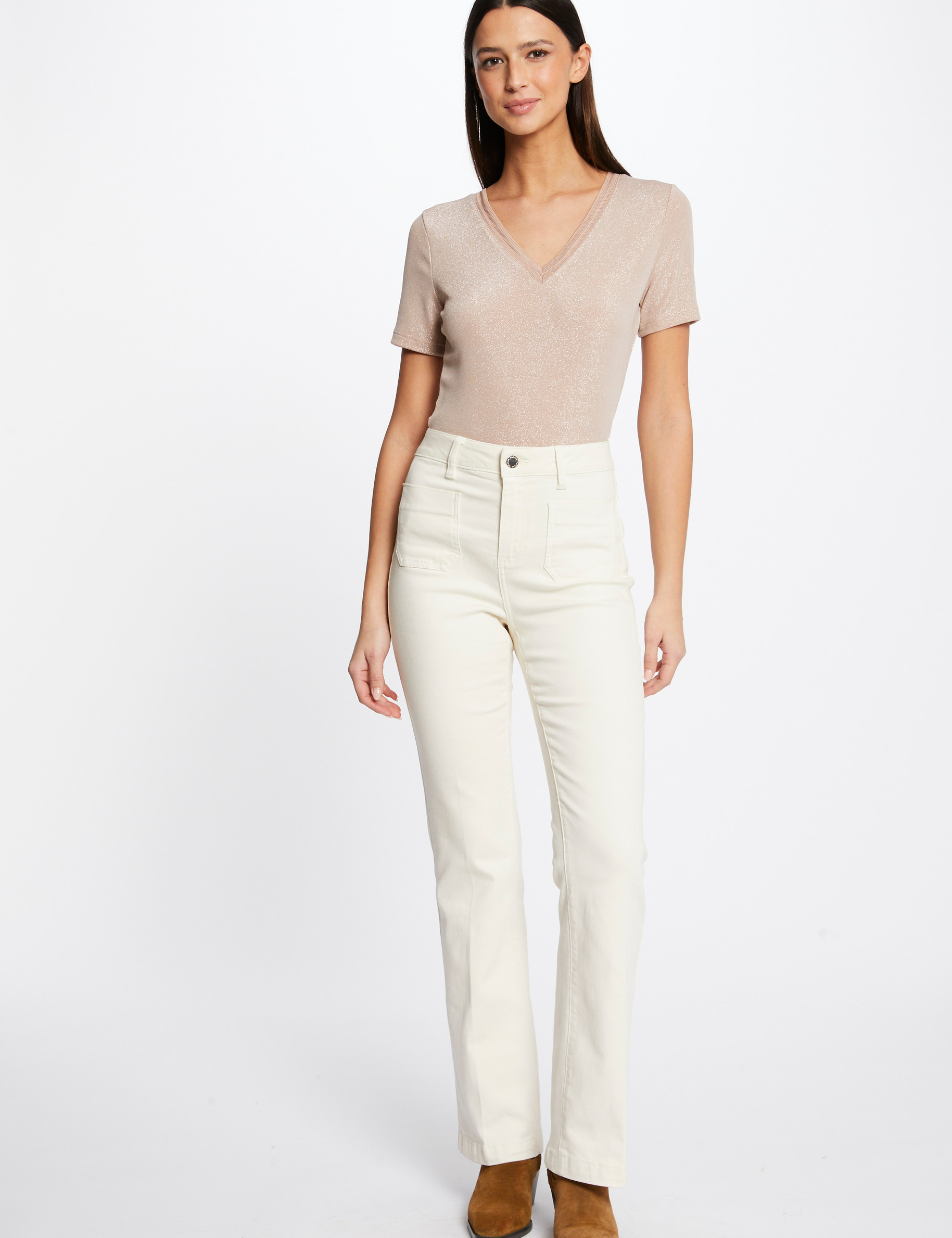pantalon recto con pinzas marfil mujer Pantalón recto con pinzas marfil mujer