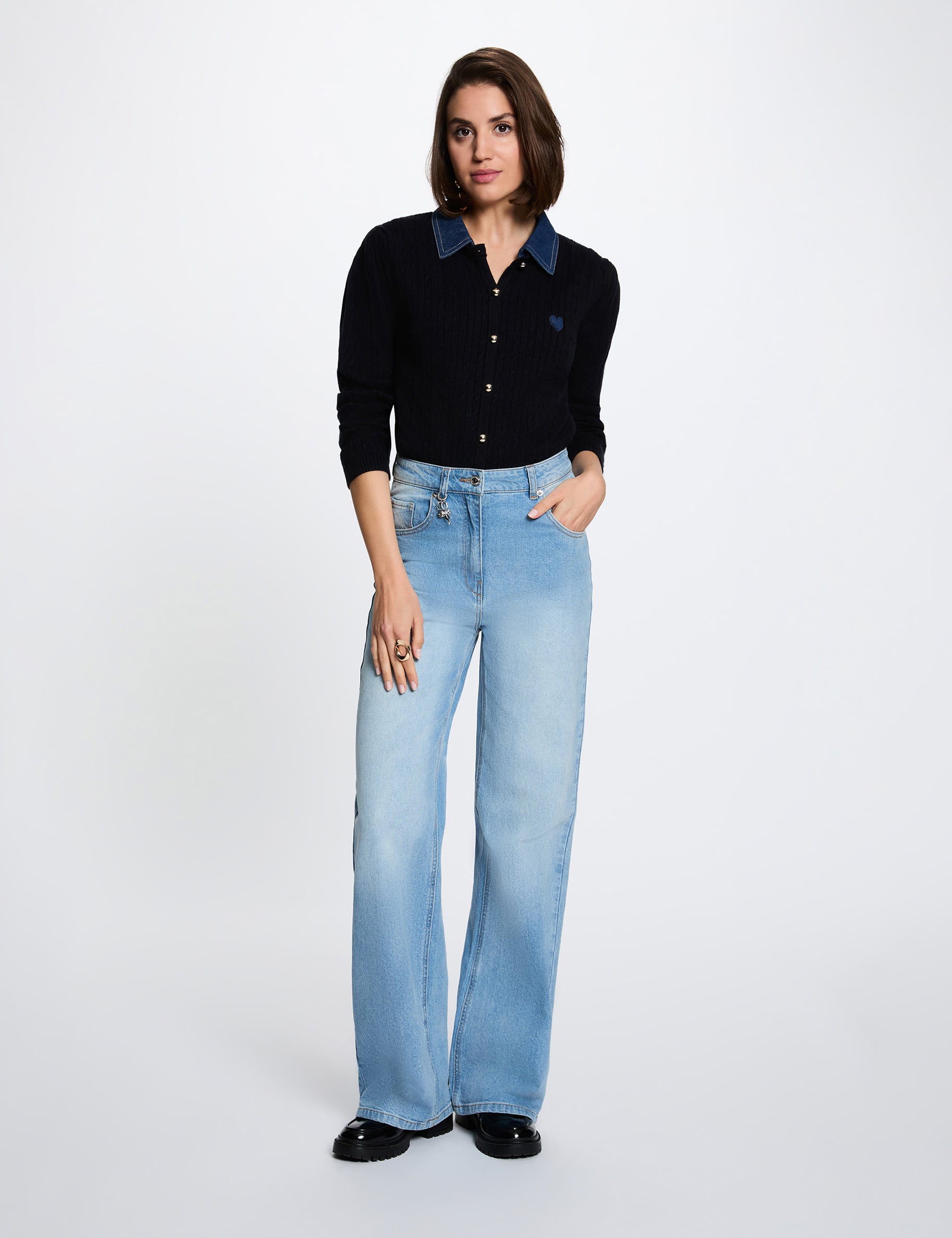 Jersey con cuello vuelto y botones azul marino mujer