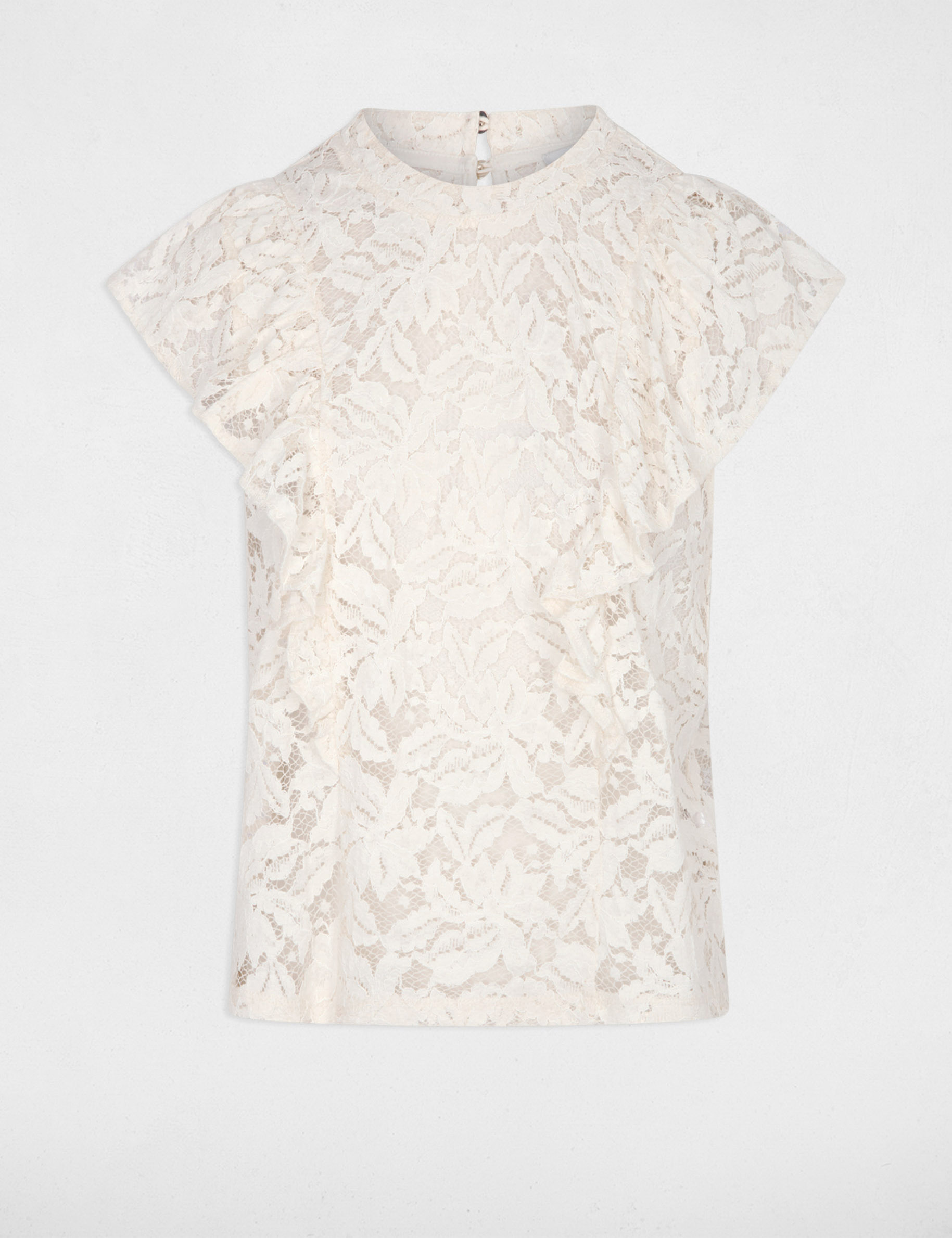 Blusa de encaje con cuello alto marfil mujer