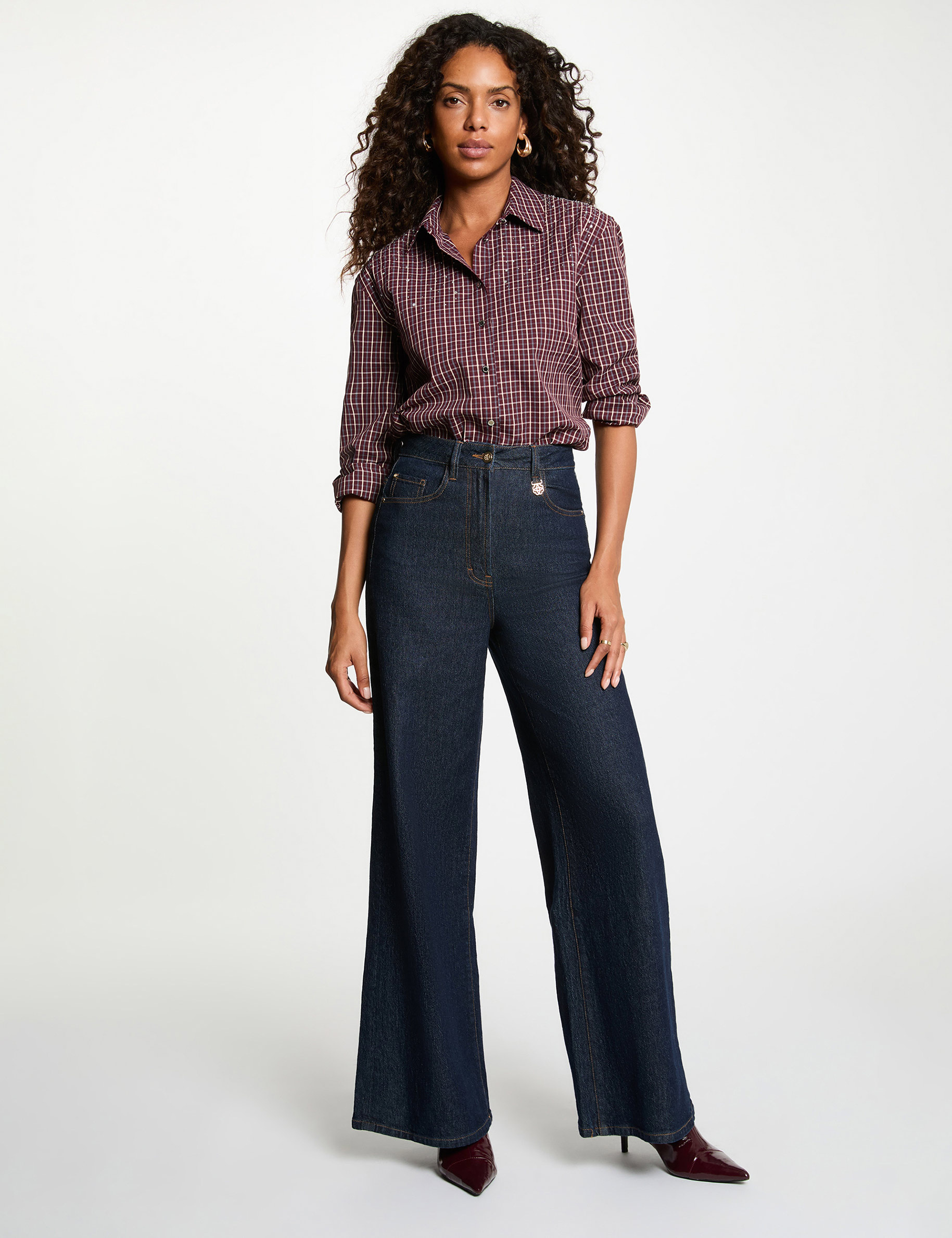 Camisa de cuadros con strass burdeos mujer