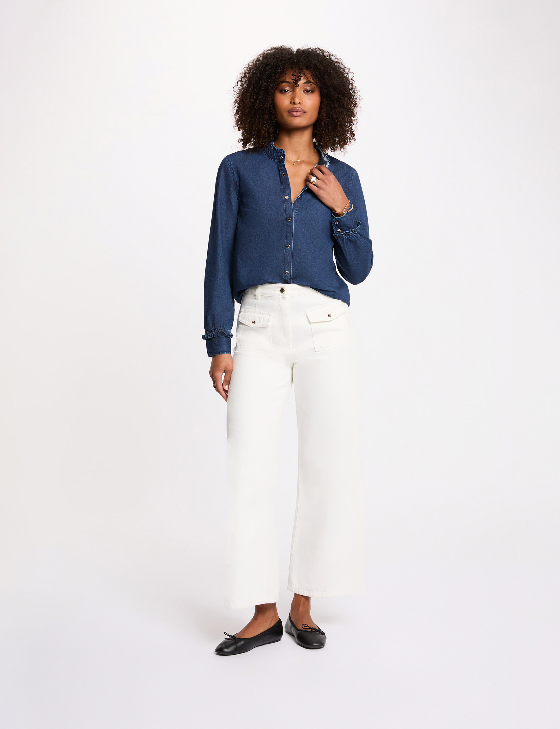 Camisa de cuello alto denim crudo mujer