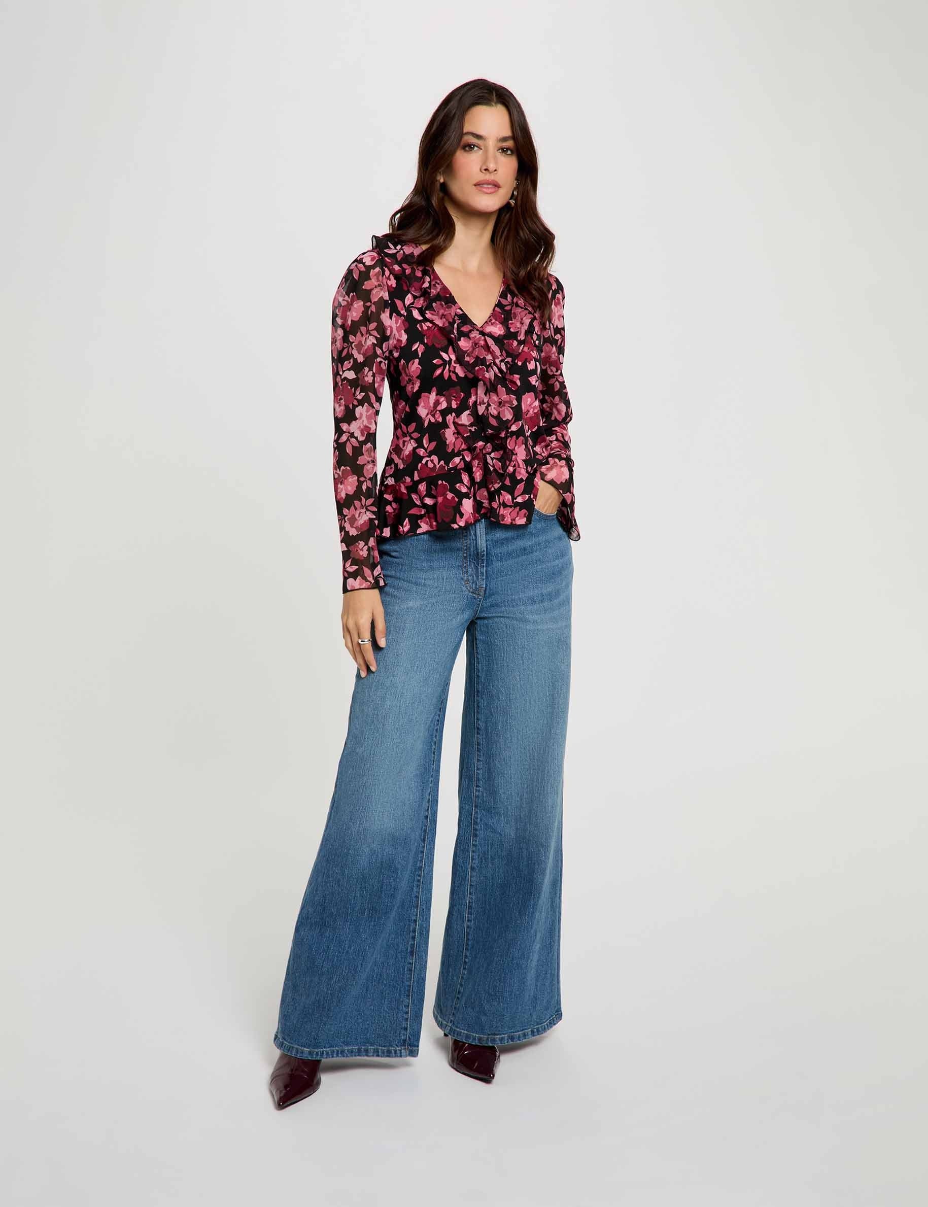 Blusa cuello v con volantes multicolor mujer