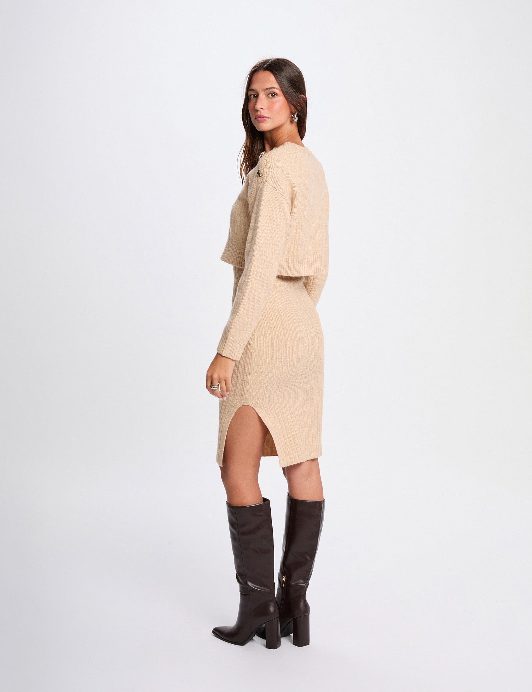 Vestido punto ajustado 2 en 1 beige mujer