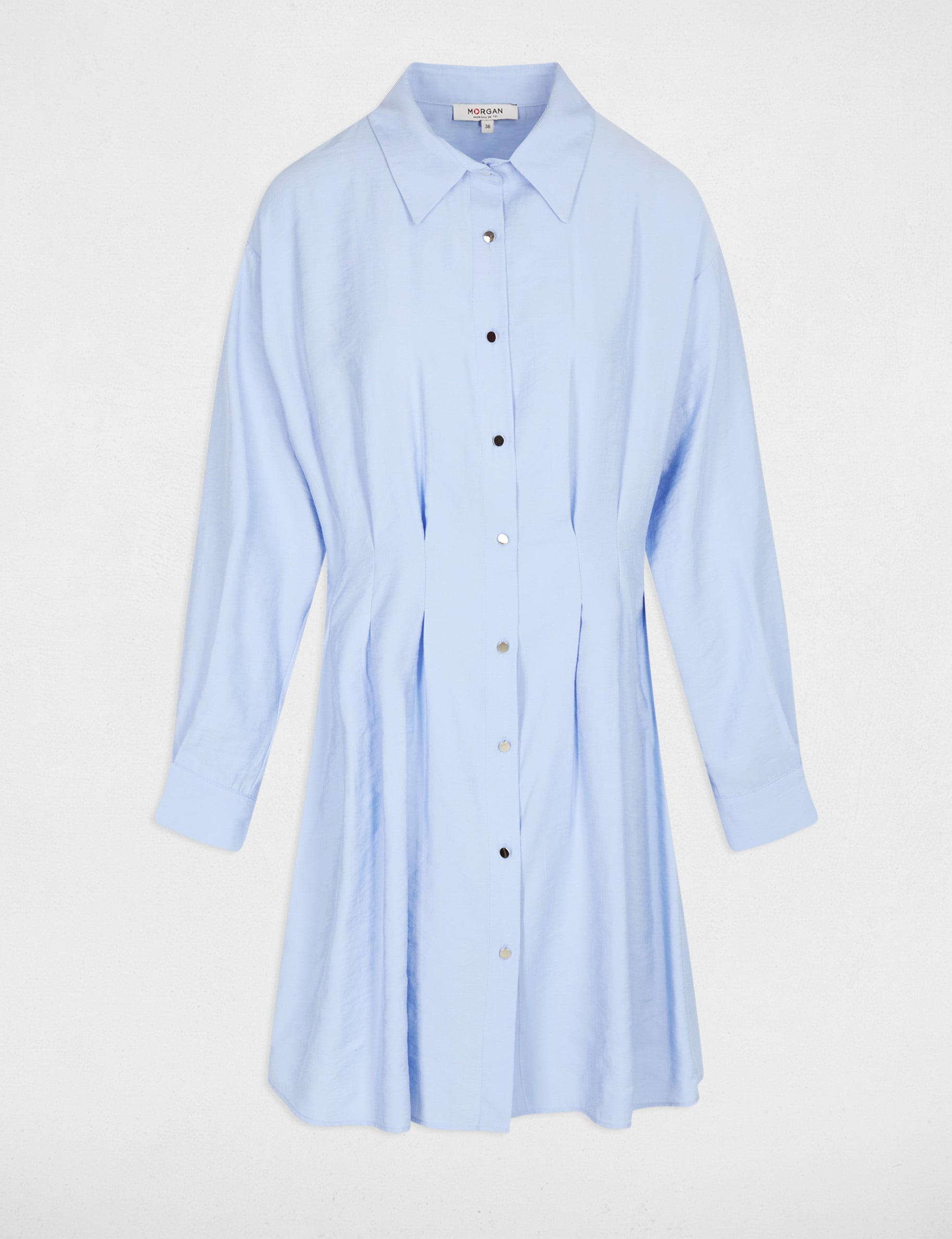Vestido camisero con pliegues azul cielo mujer