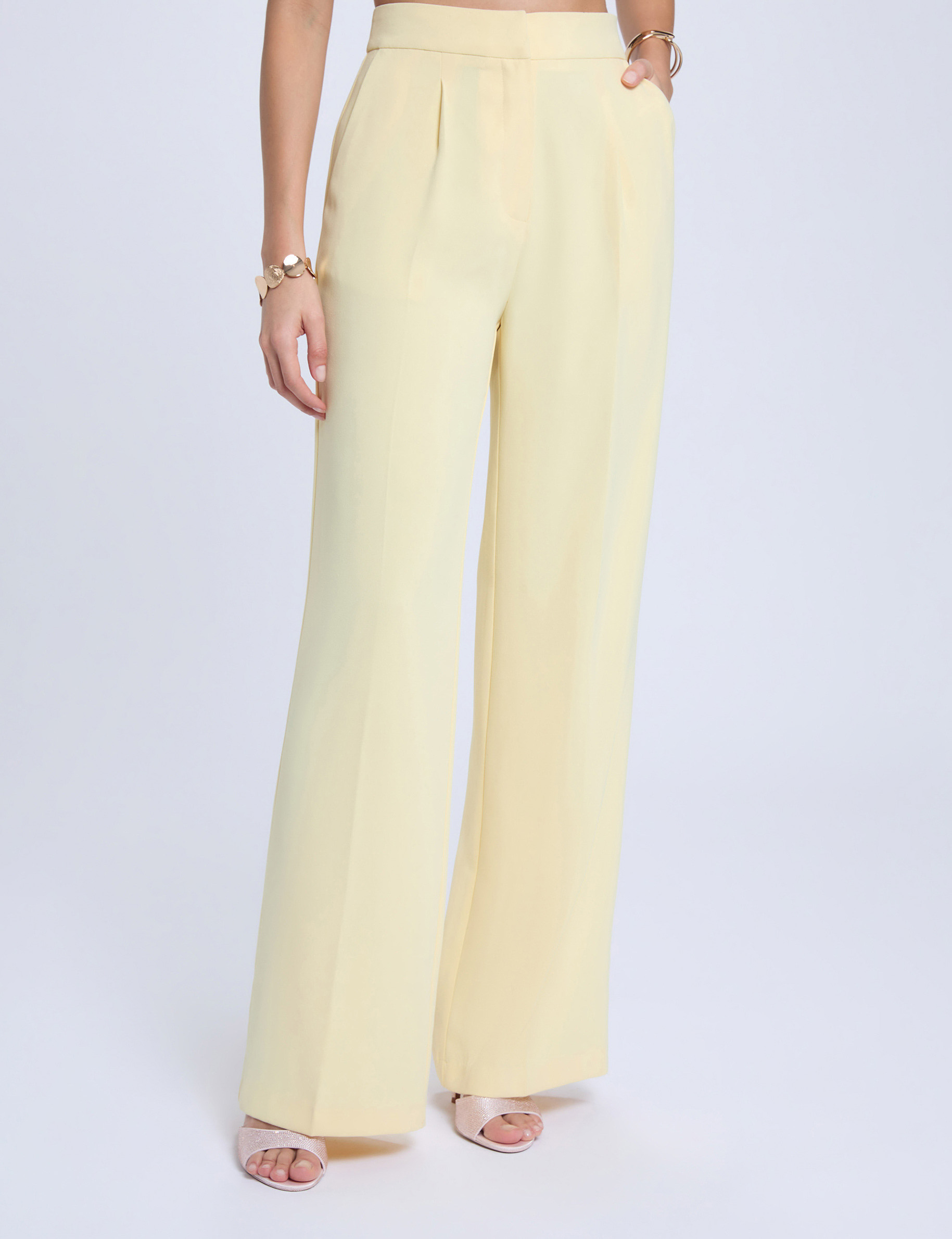 Pantal&oacute;n ancho de tiro alto amarillo claro mujer