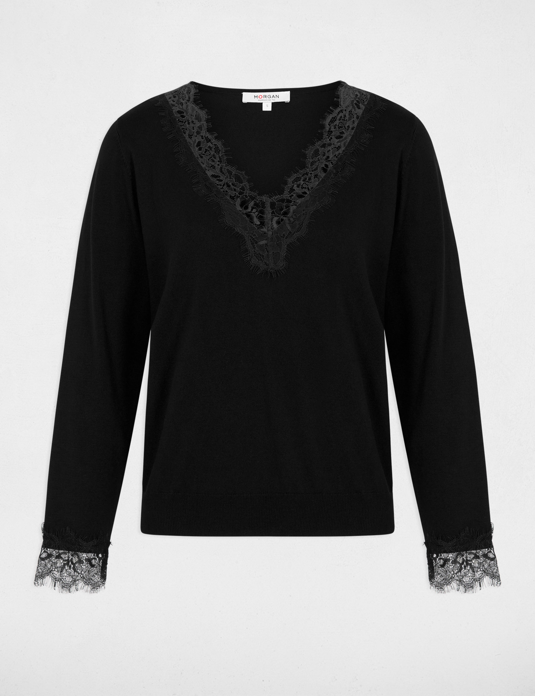 Jersey con cuello en V y encaje negro mujer