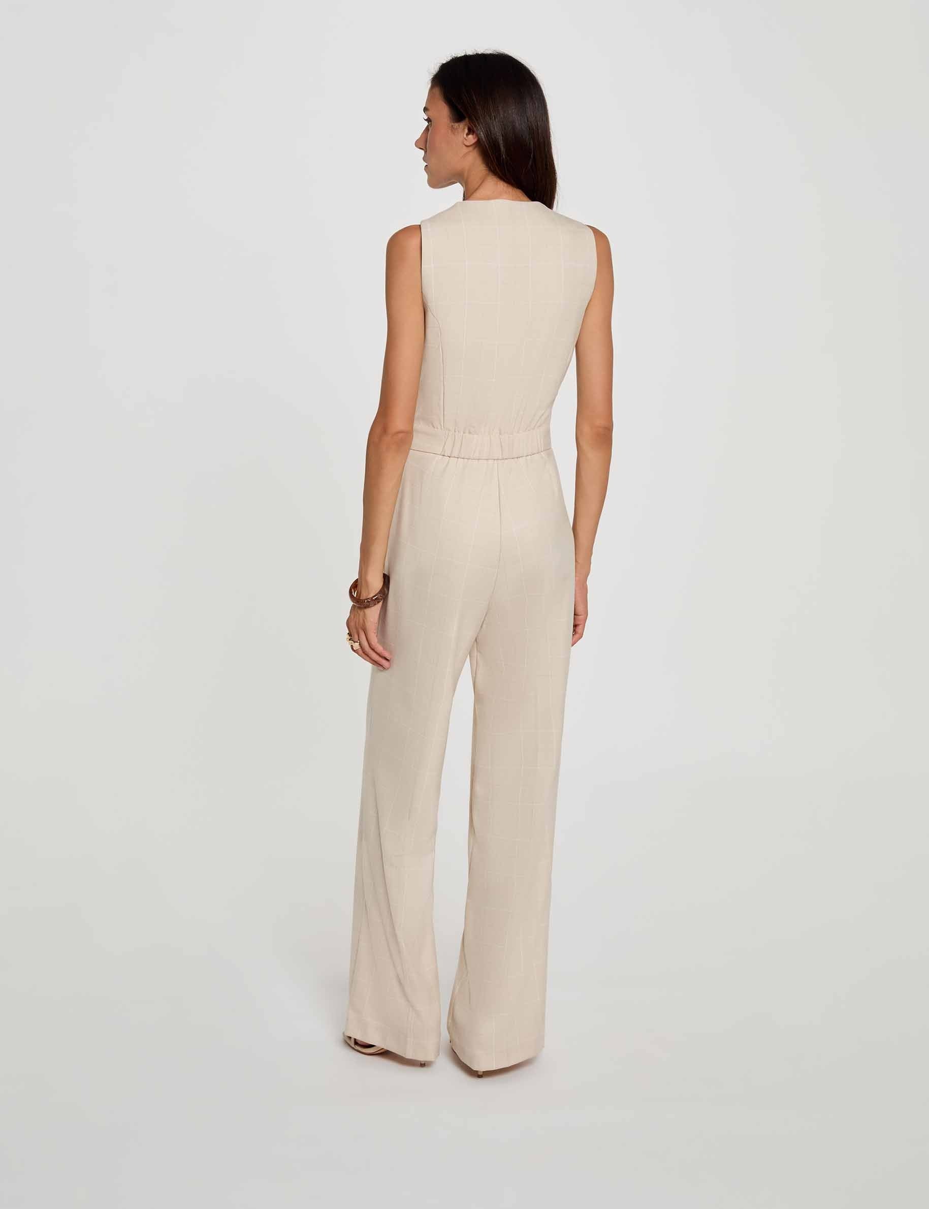 Mono ancho con cuello en v beige mujer