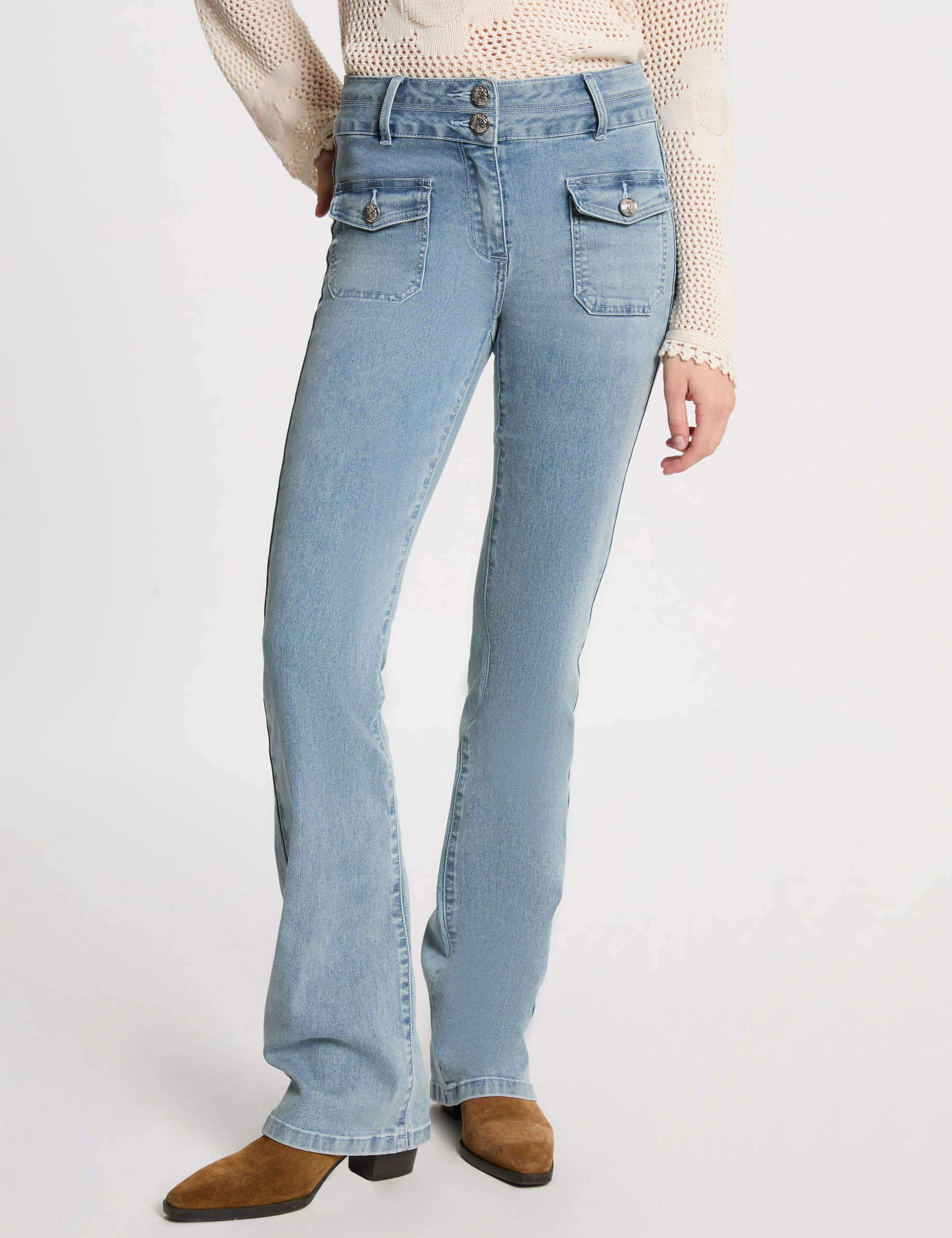 vaquero boot cut talle alto denim descolorido mujer Vaquero boot-cut talle alto denim descolorido mujer