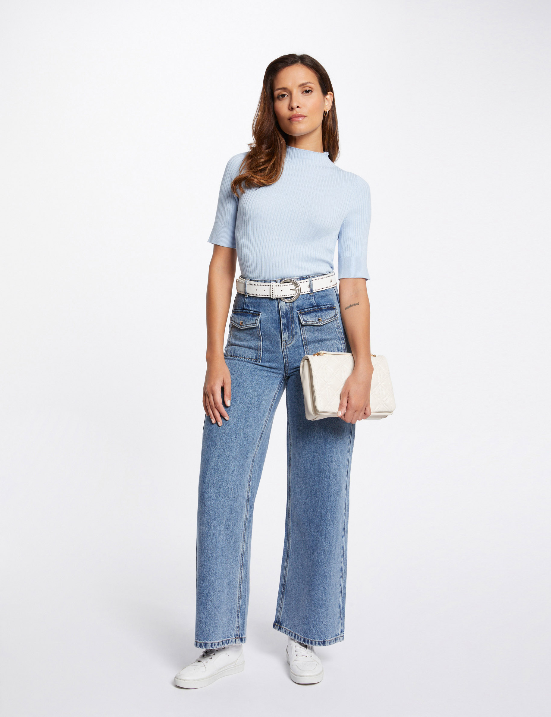 vaquero pernera ancha talle alto denim doble stone mujer Vaquero pernera ancha talle alto denim doble stone mujer