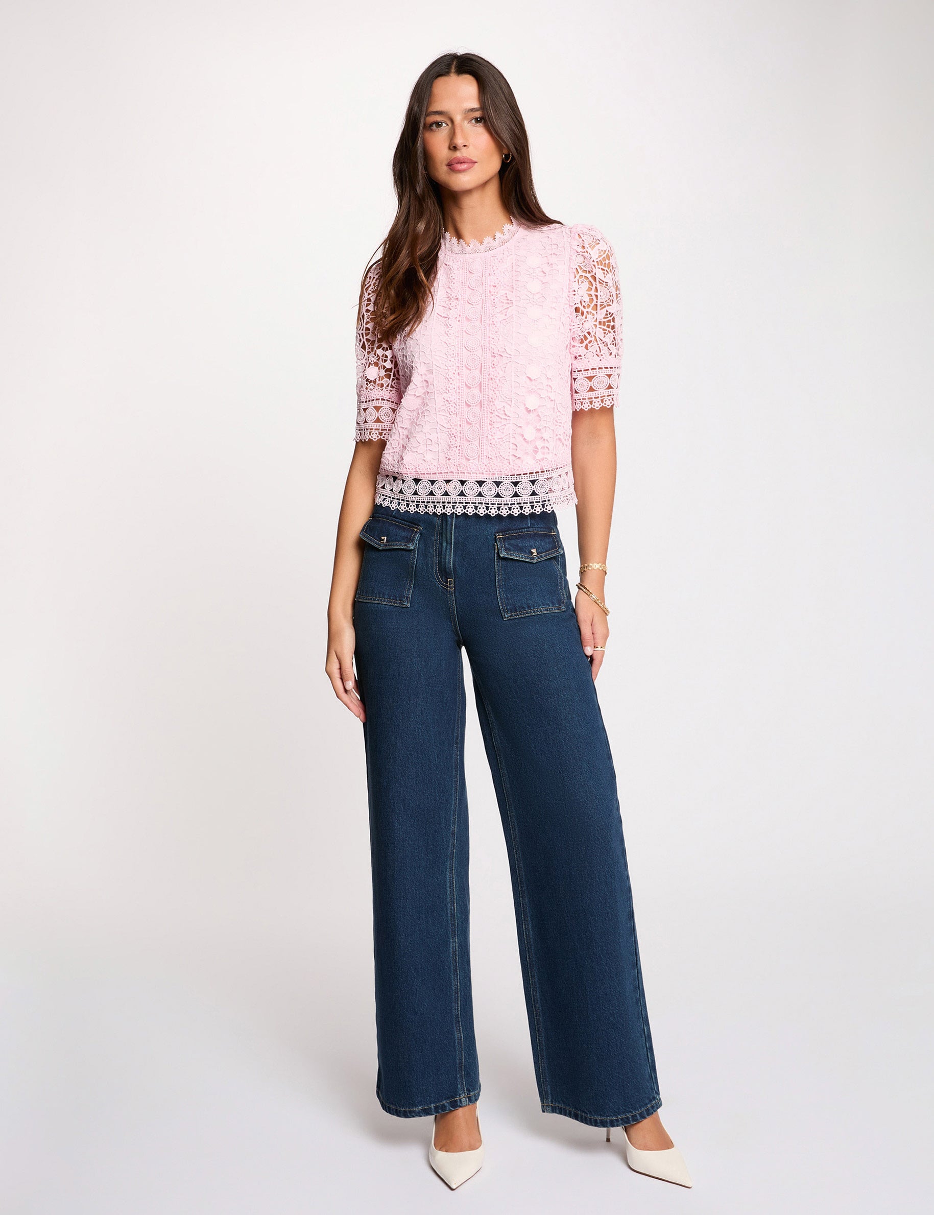 Blusa manga corta con encaje rosa mujer