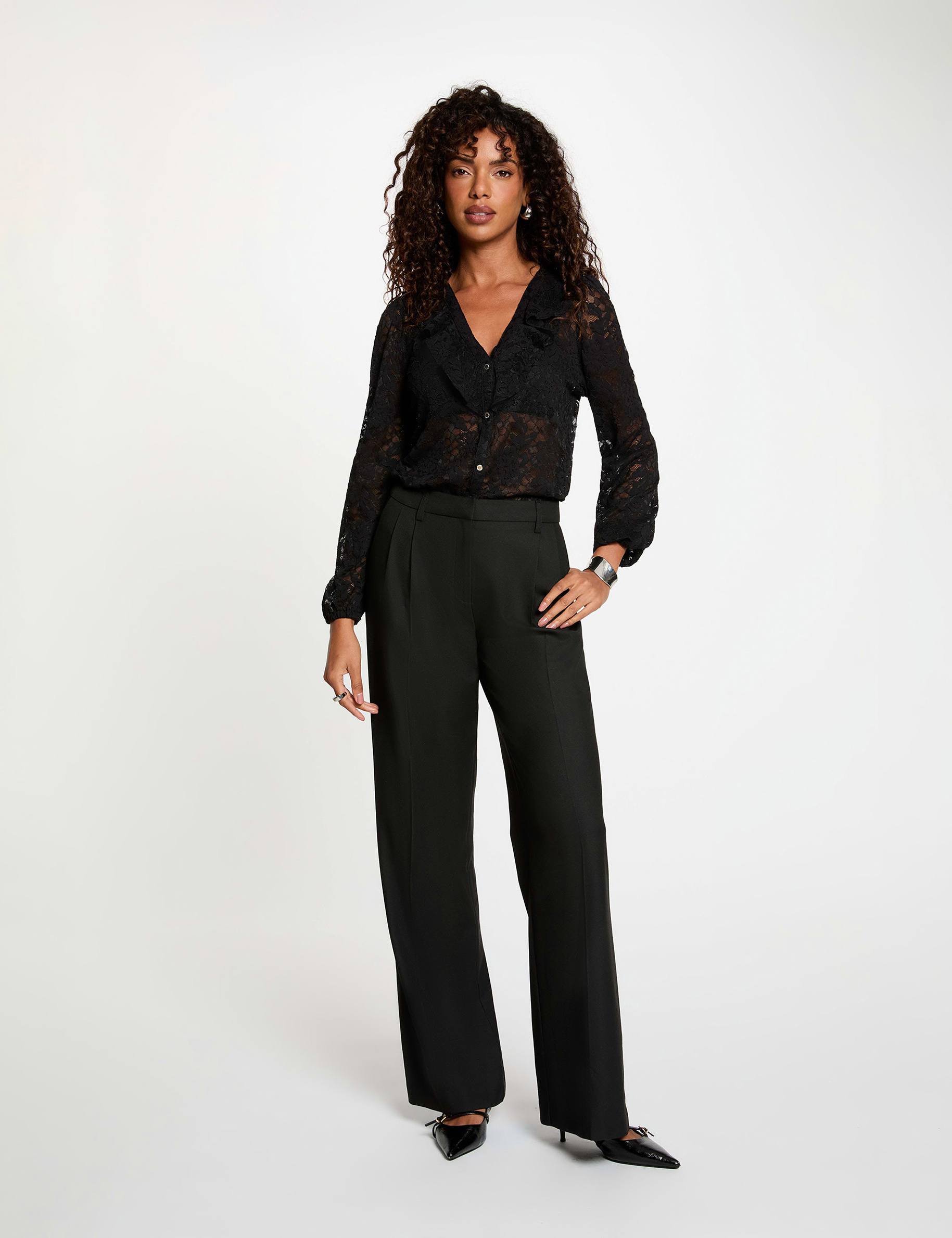 Blusa de encaje con cuello en v negro mujer