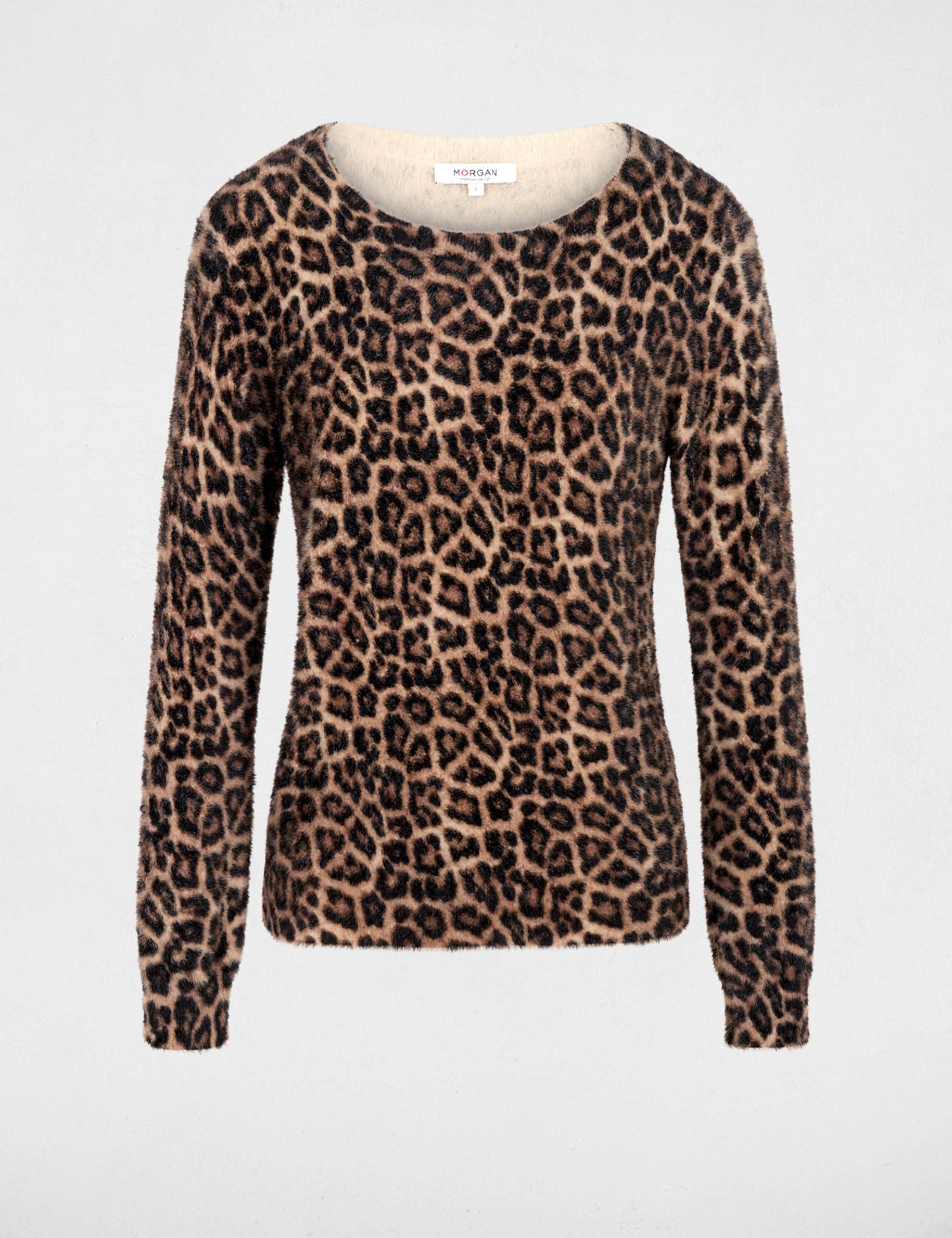 Jersey de cuello redondo leopardo beige mujer