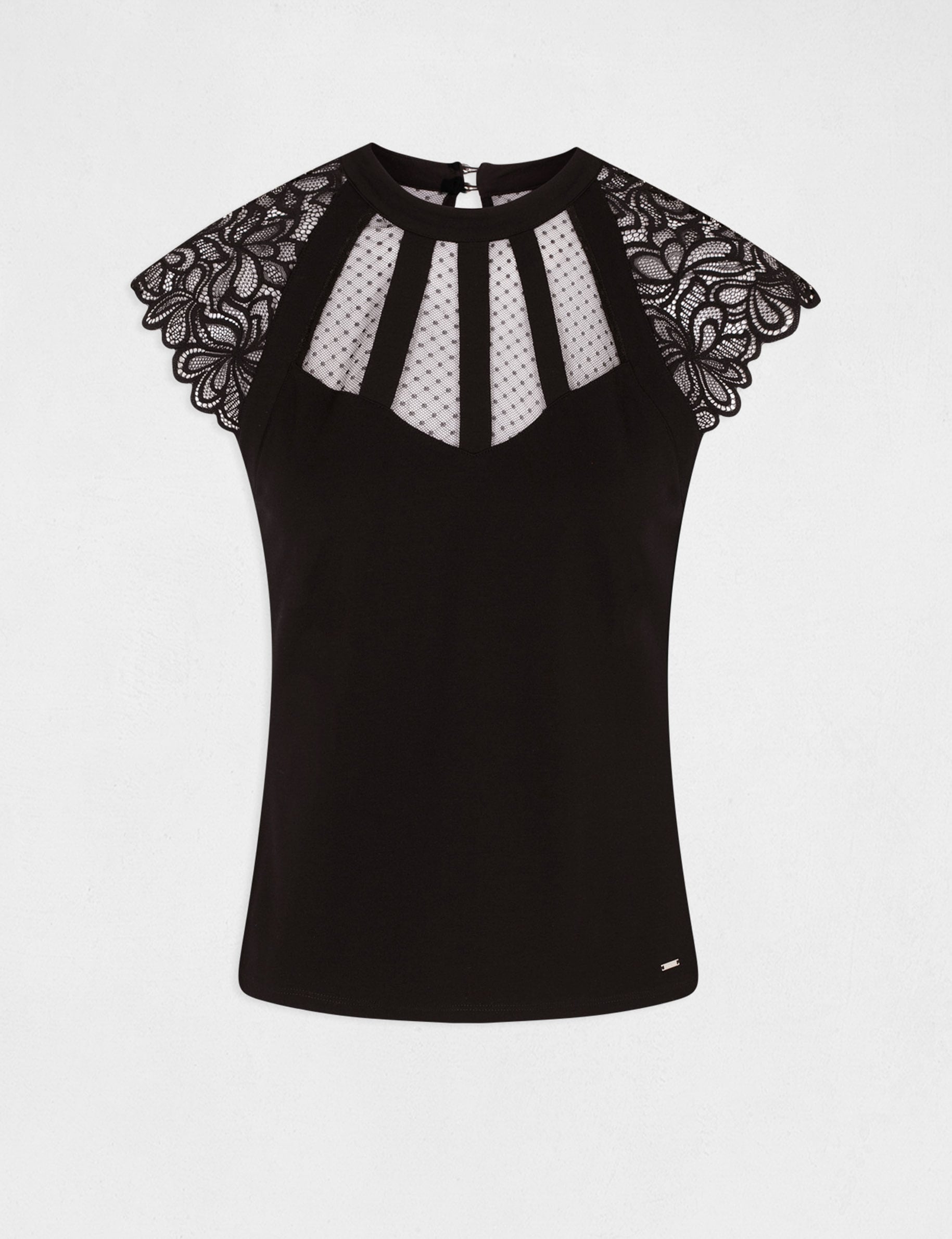 Camiseta encaje cuello alto negro mujer