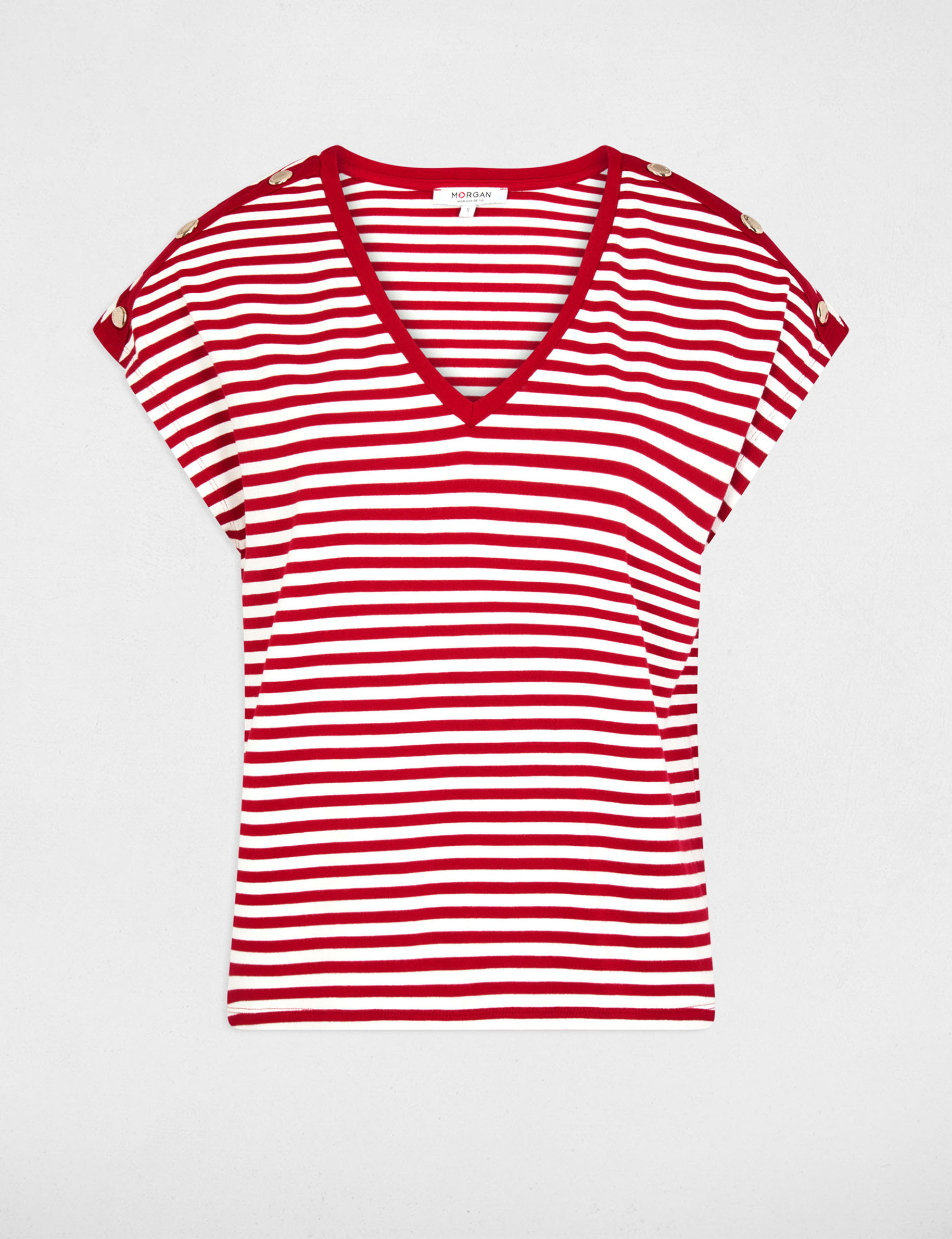 Camiseta de rayas con cuello v blanco mujer