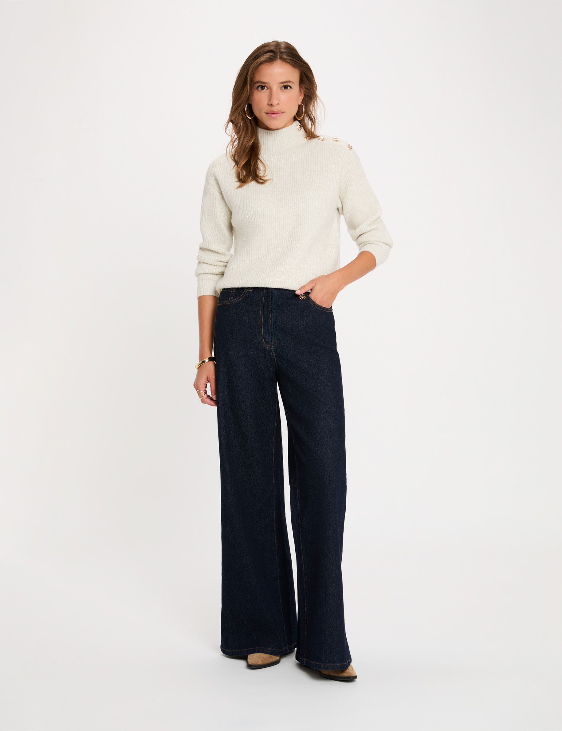 Jersey de cuello alto marfil mujer