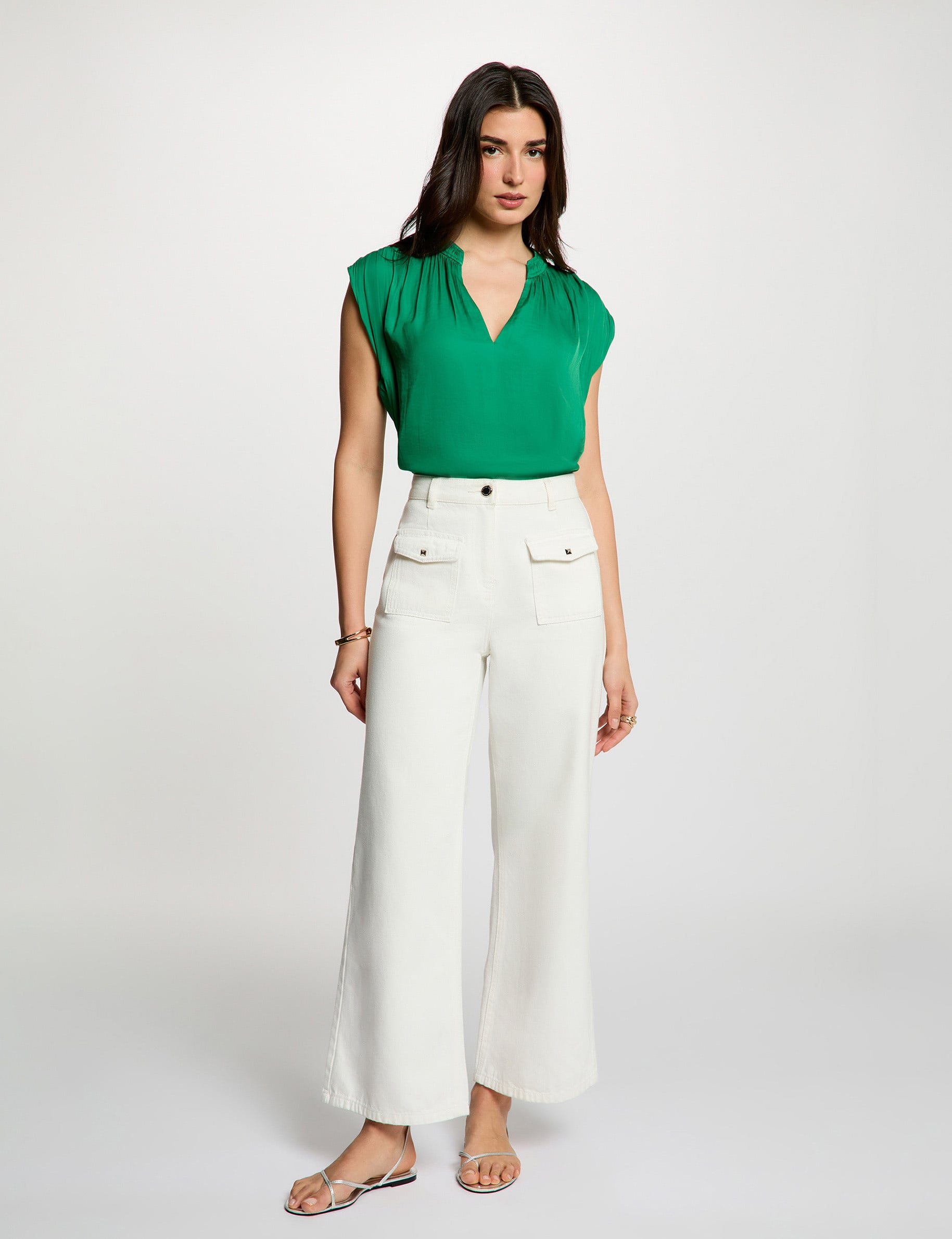 Blusa manga corta satinada verde pradera mujer