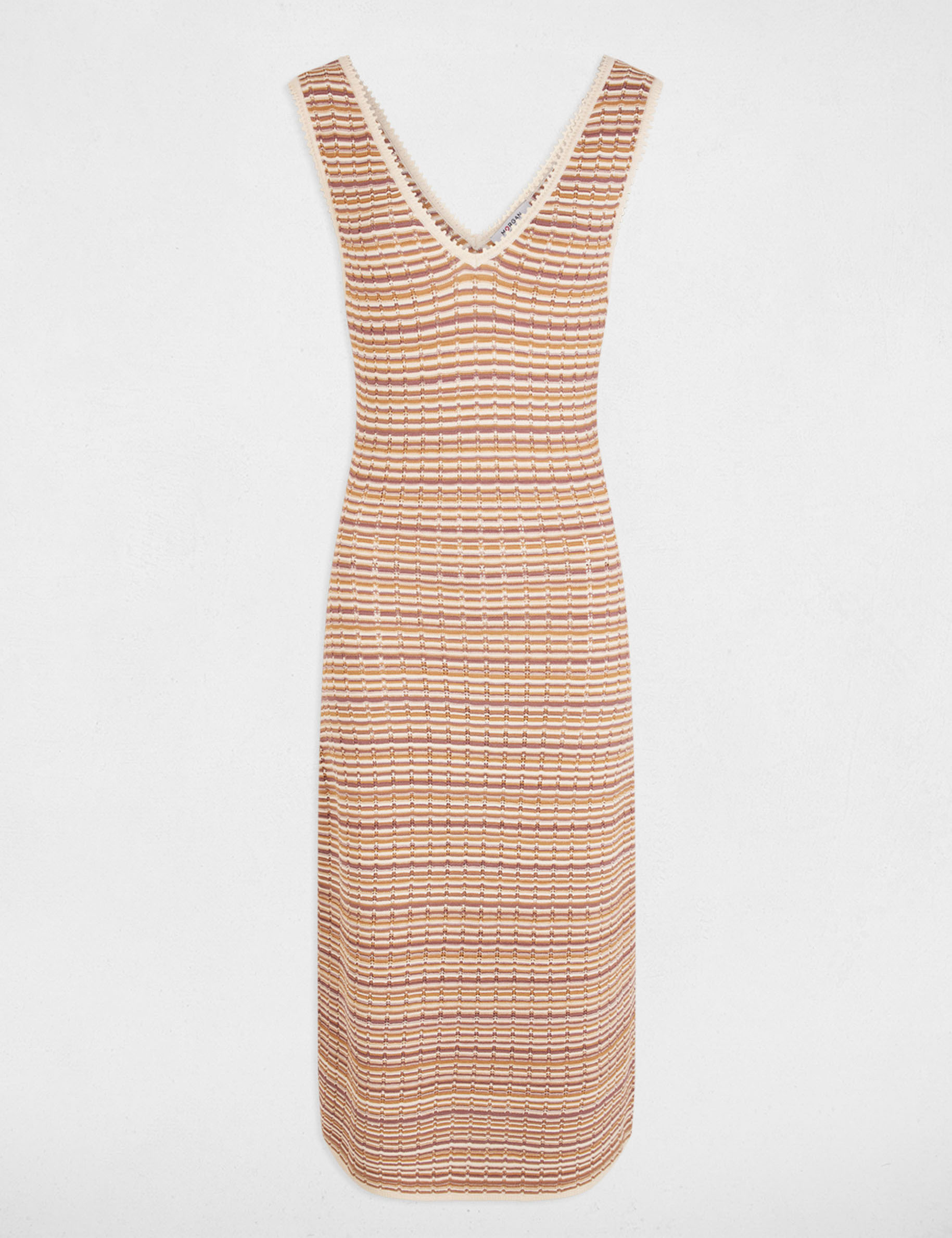 Vestido de punto con cuello en v beige mujer