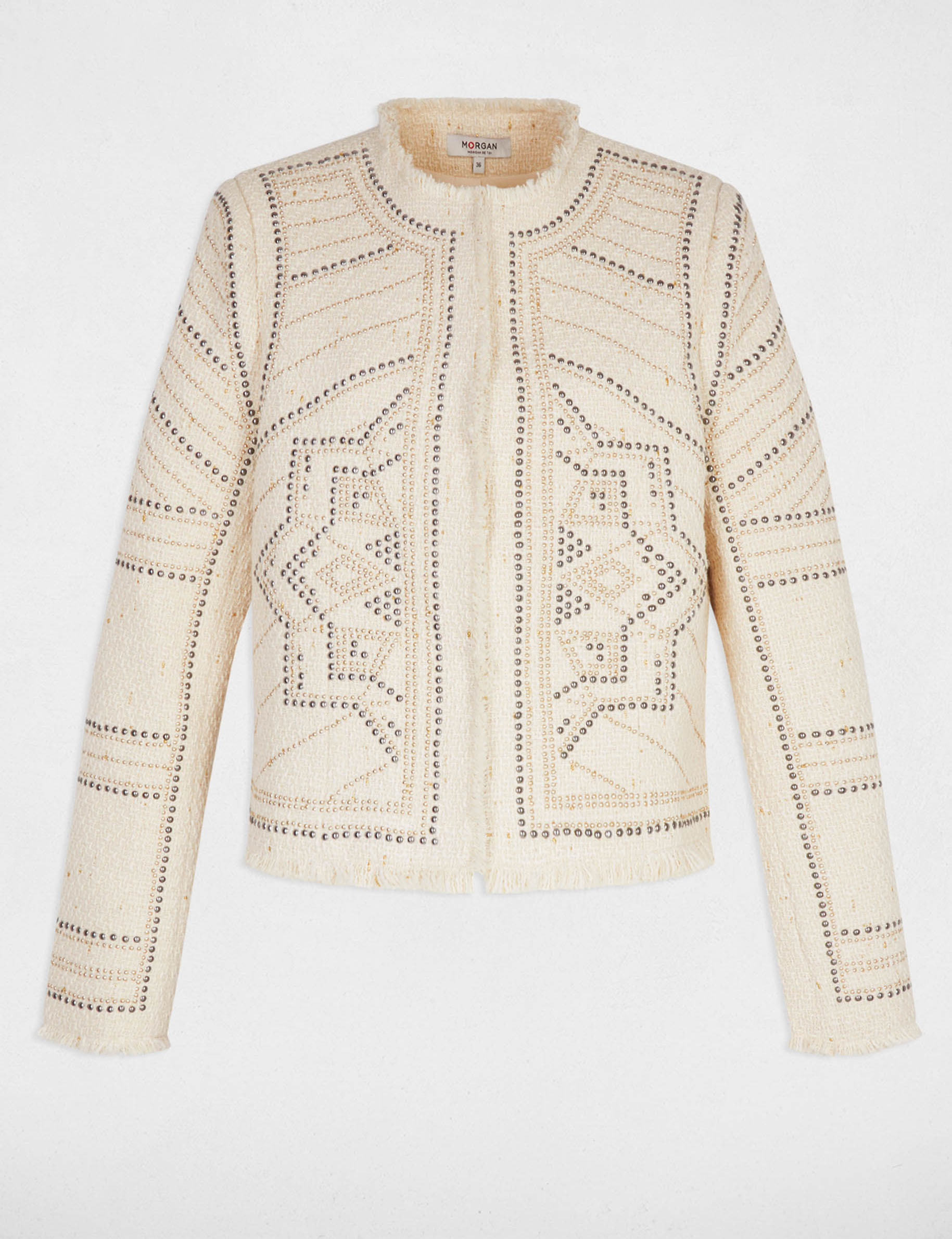 Chaqueta recta con tachuelas marfil mujer