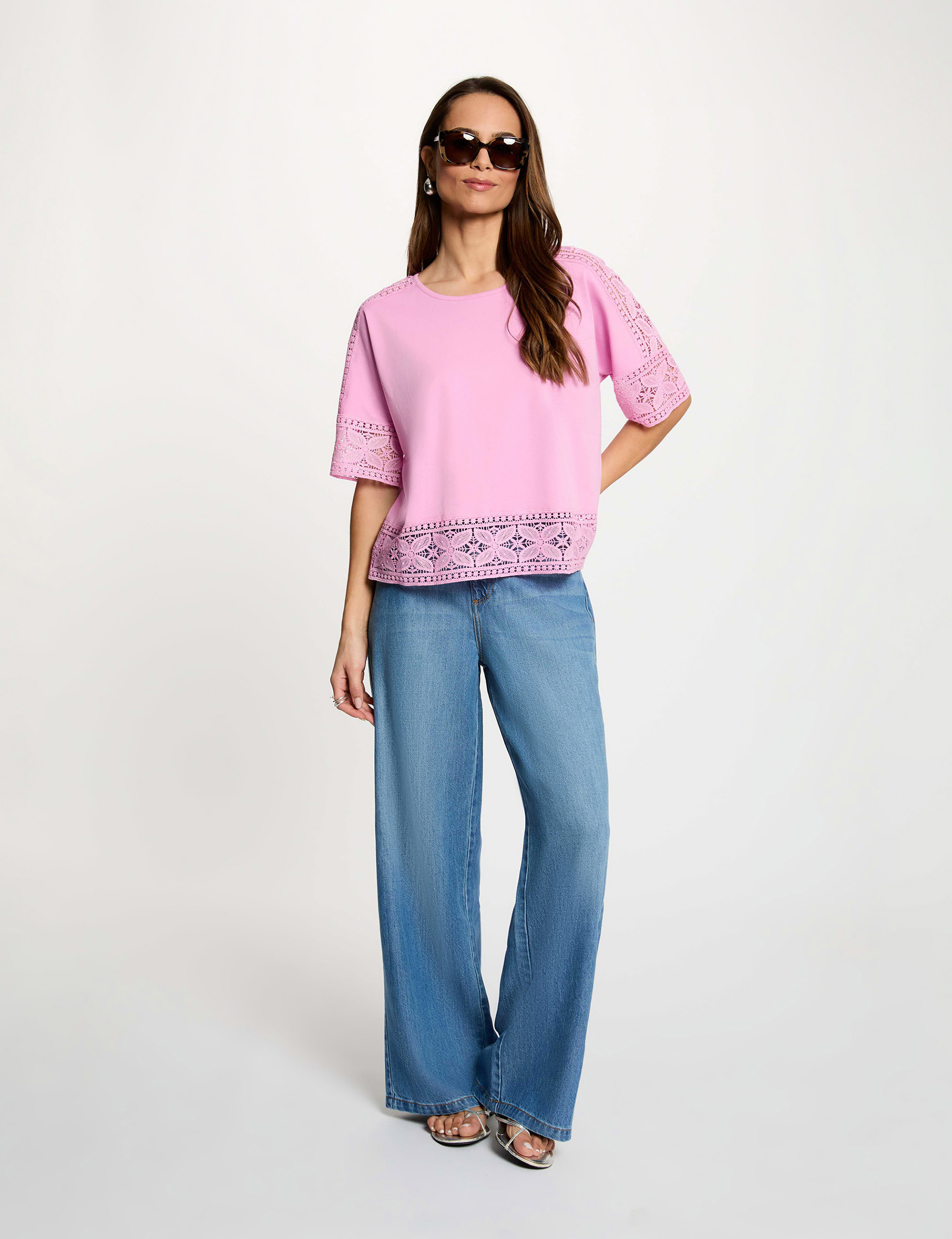 Camiseta de encaje cuello redondo rosa mujer