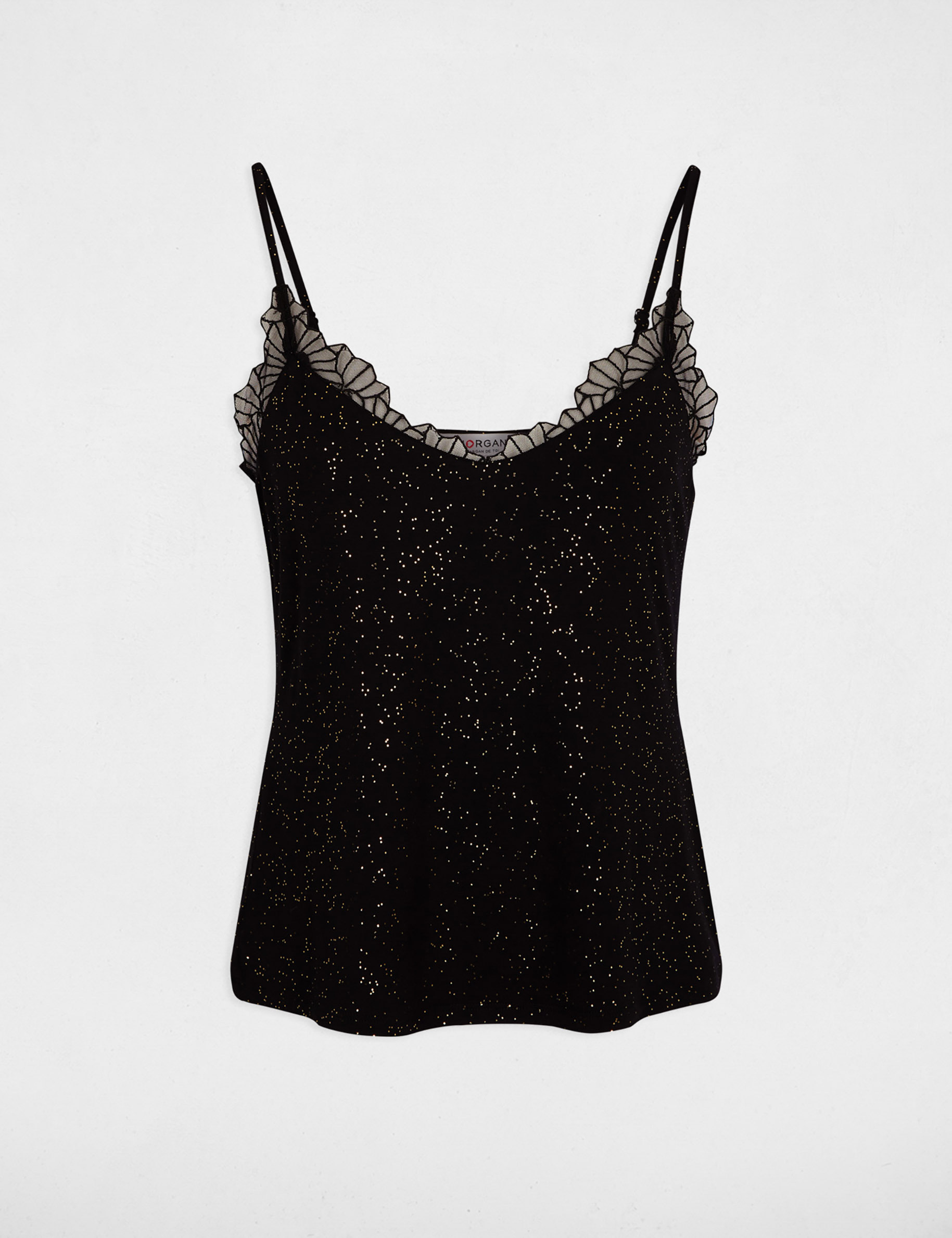 Top de encaje con cuello en v negro mujer