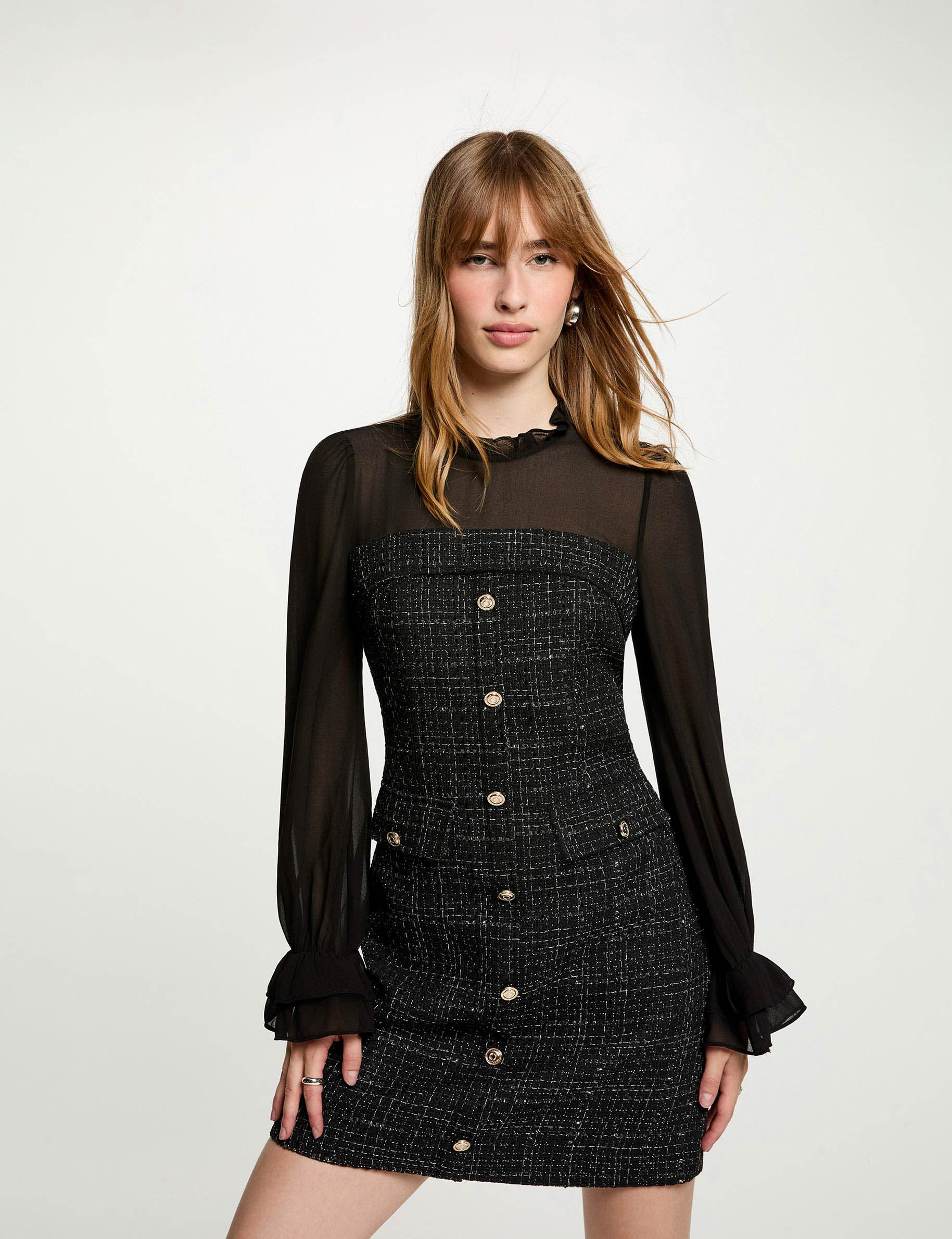 Vestido de tweed con mangas largas negro mujer