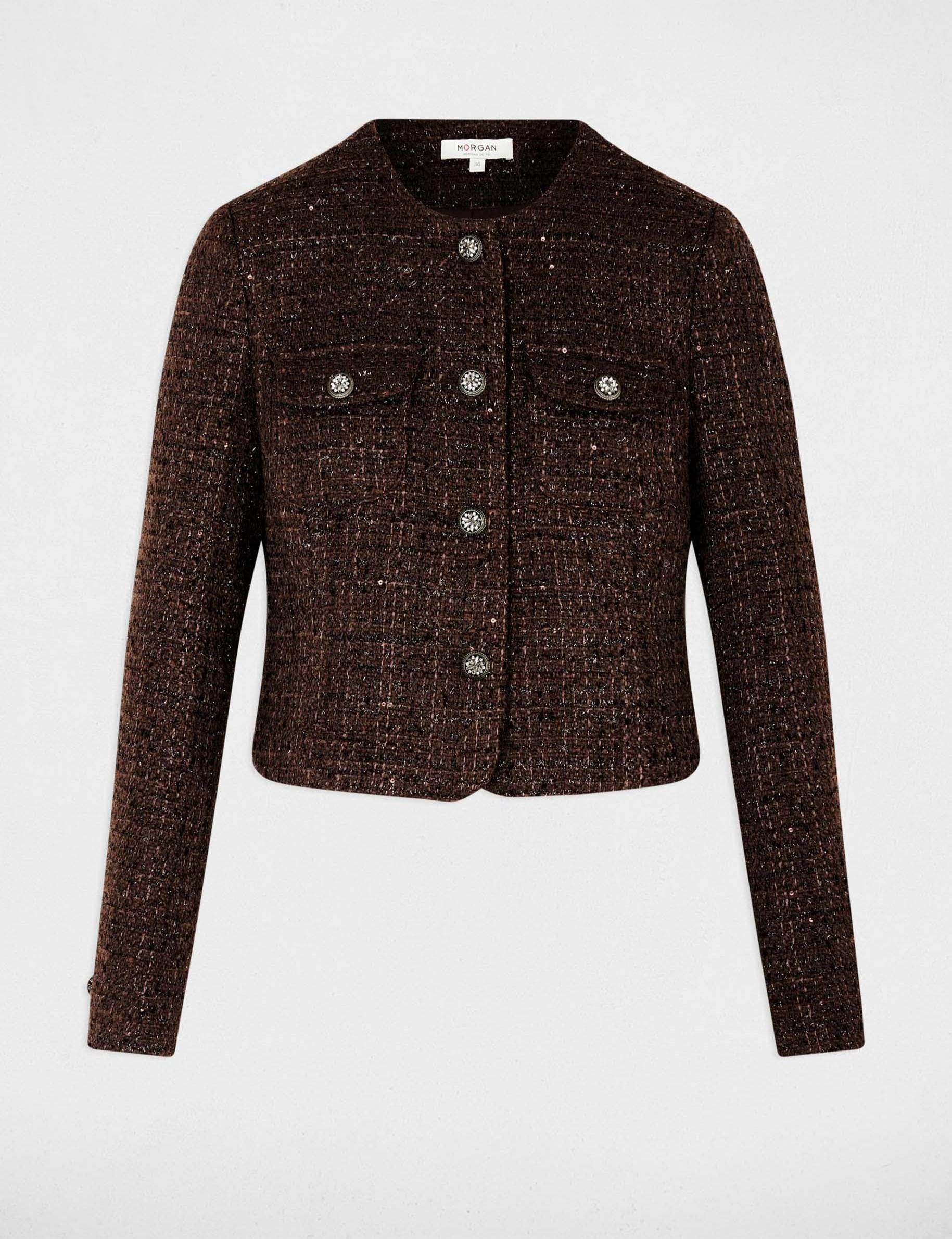 Chaqueta entallada con cuello redondo marr&oacute;n oscuro mujer