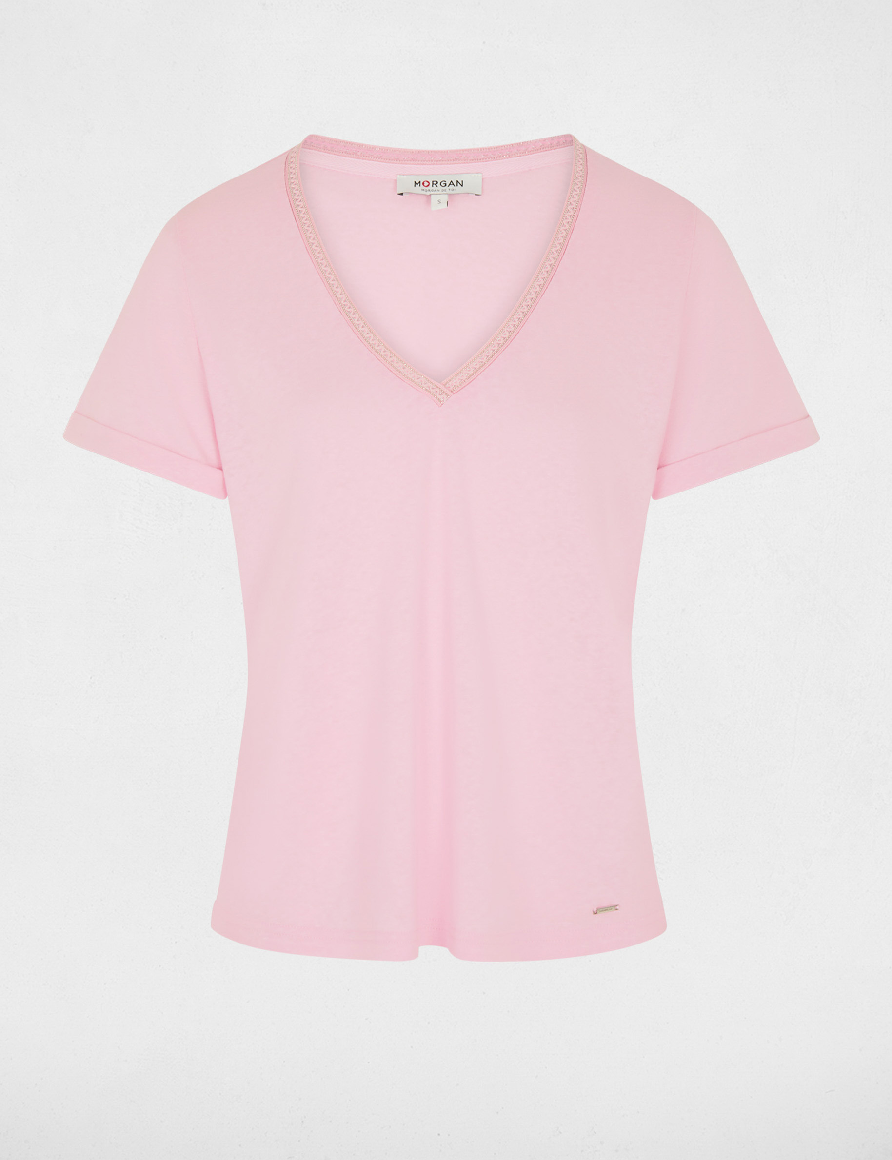 Camiseta con cuello en v con perlas rosa mujer