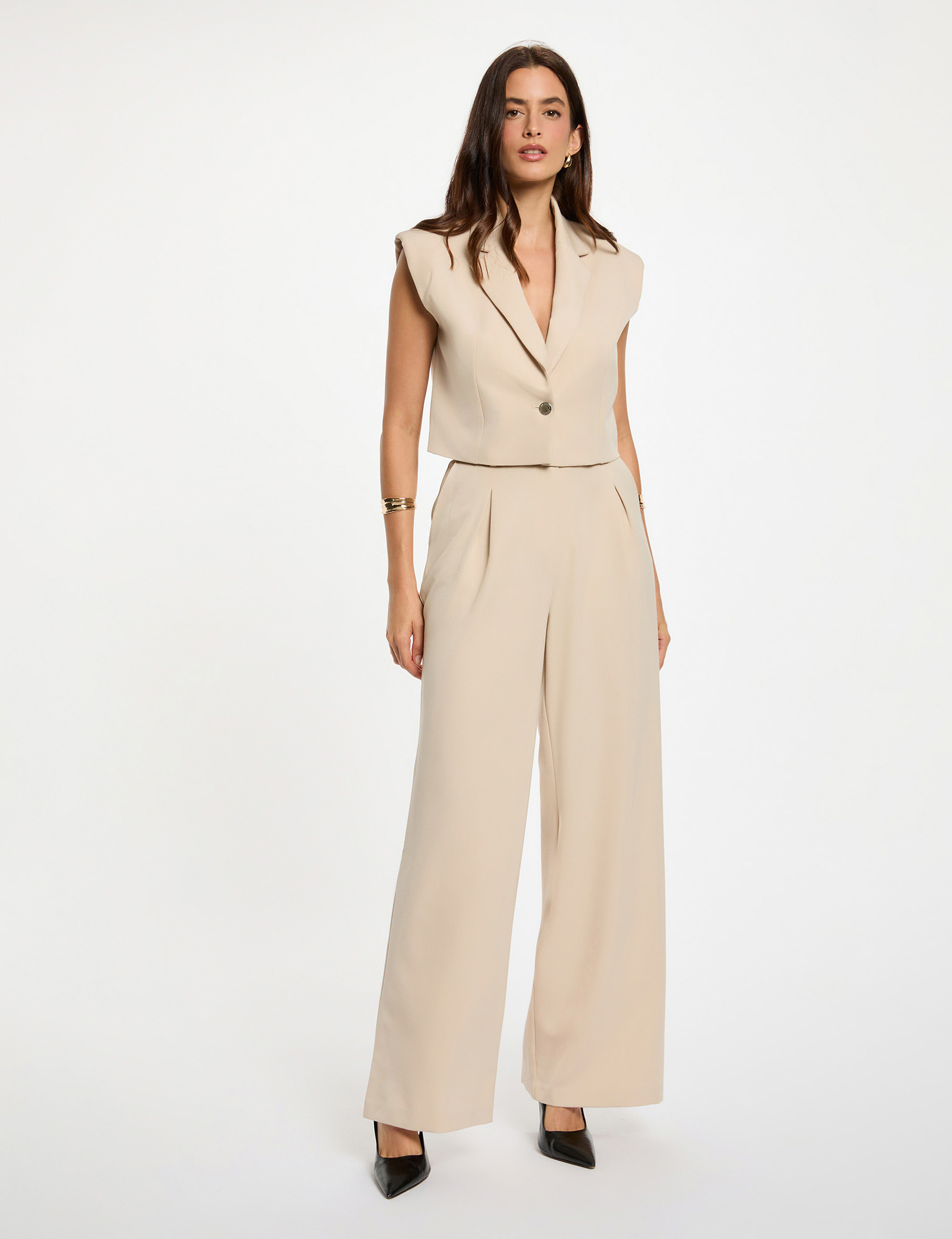 Chaleco cropped beige mujer