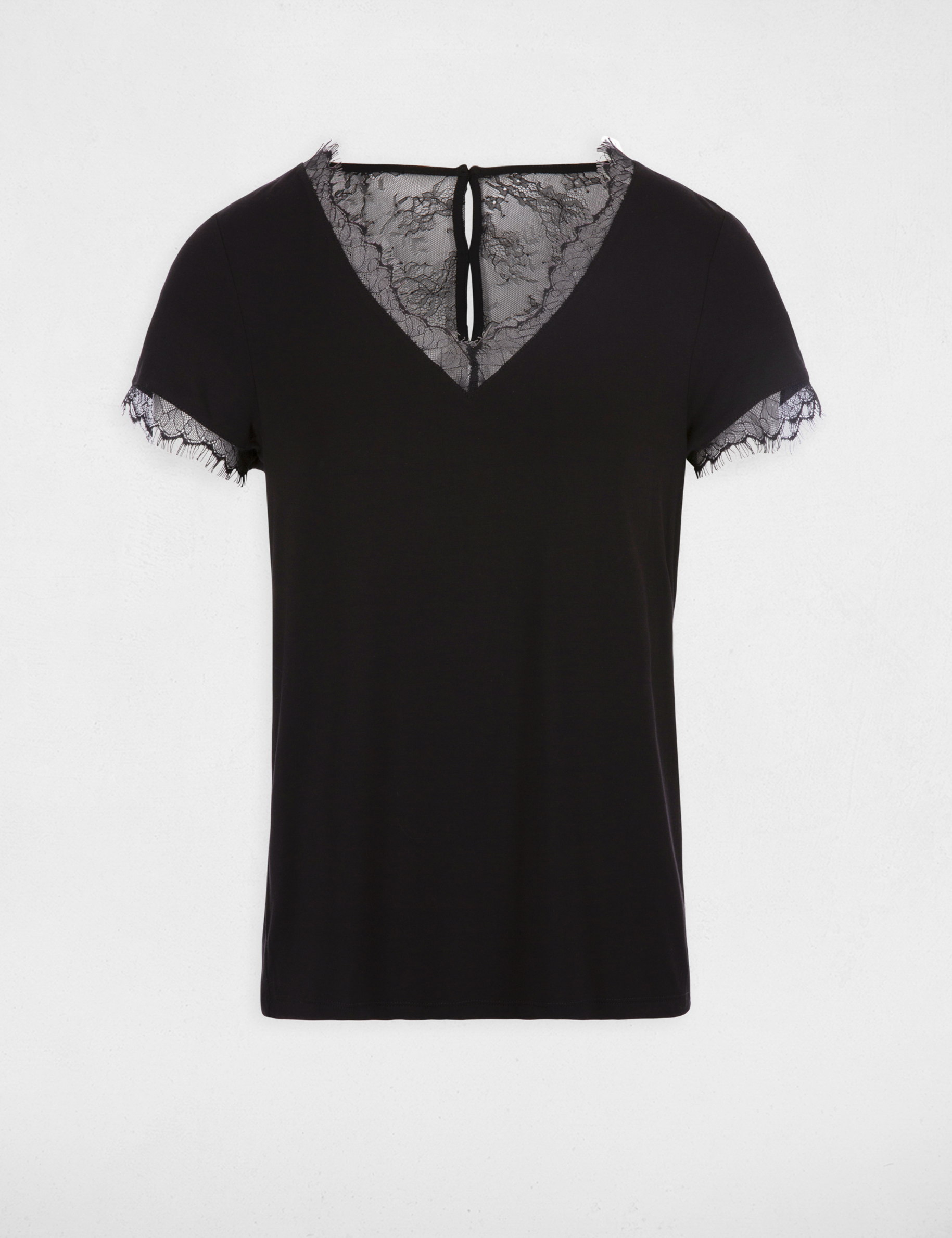 Camiseta con encaje y botones en espalda negro mujer