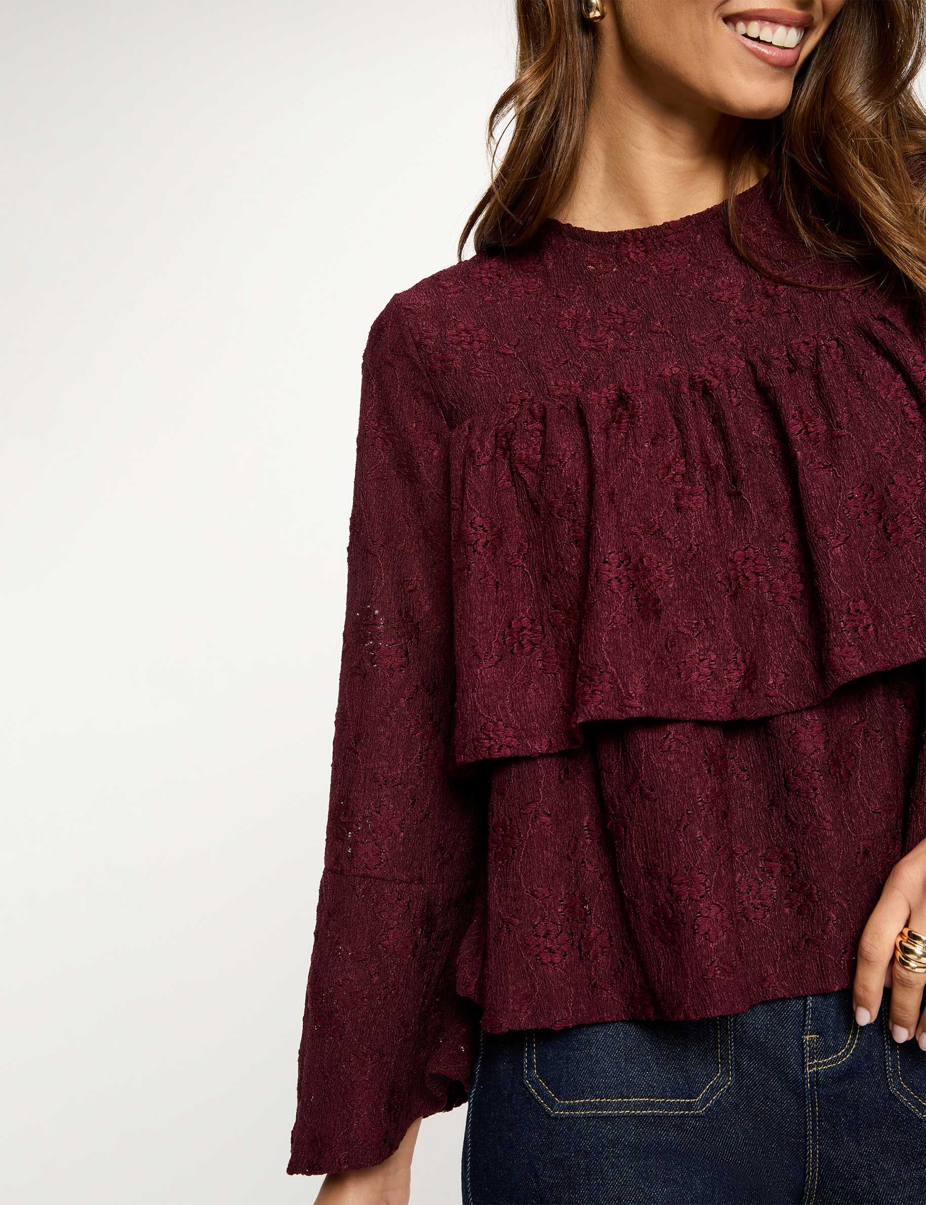 Camiseta de encaje con volantes burdeos mujer