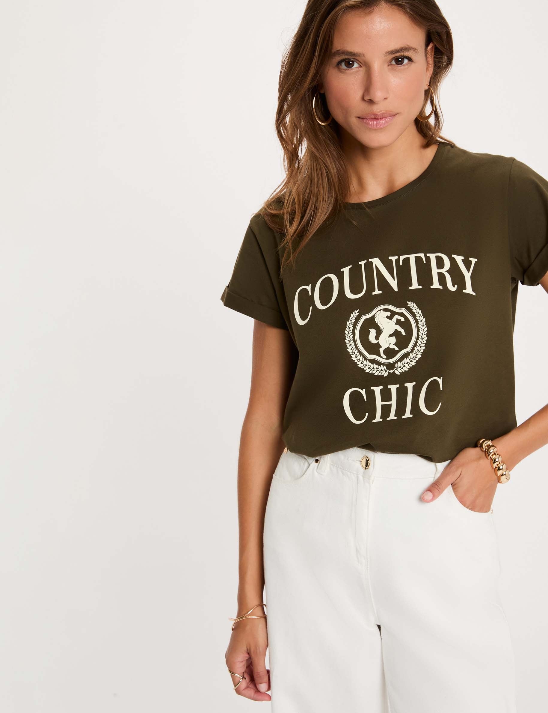 Camiseta cuello redondo manga corta verde caqui mujer