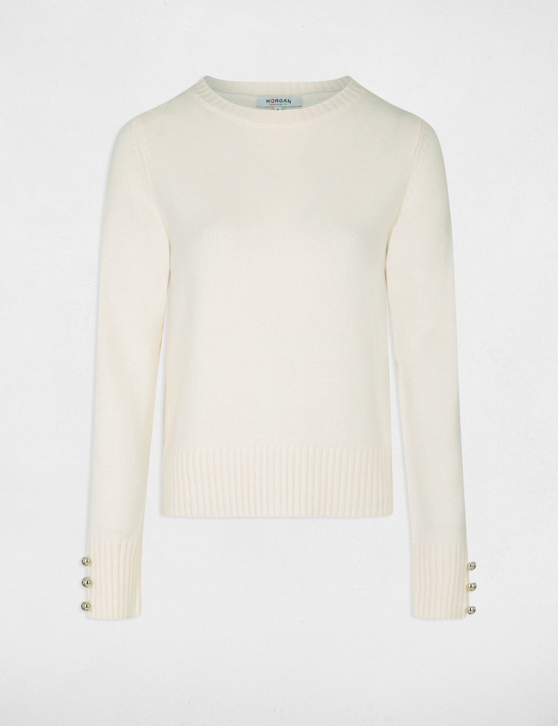 Jersey manga larga con cuello redondo marfil mujer