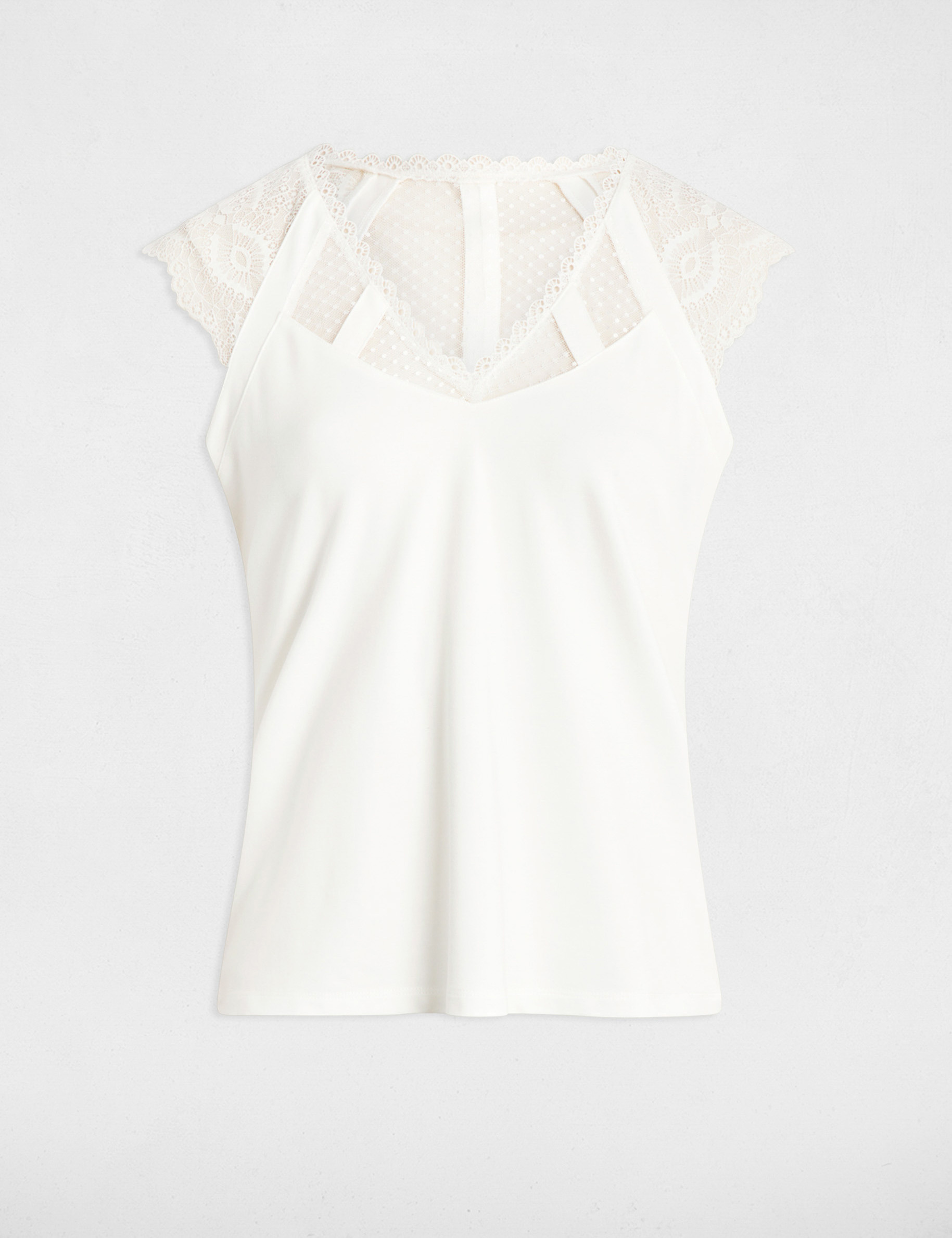 Camiseta de encaje con cuello en v blanco mujer