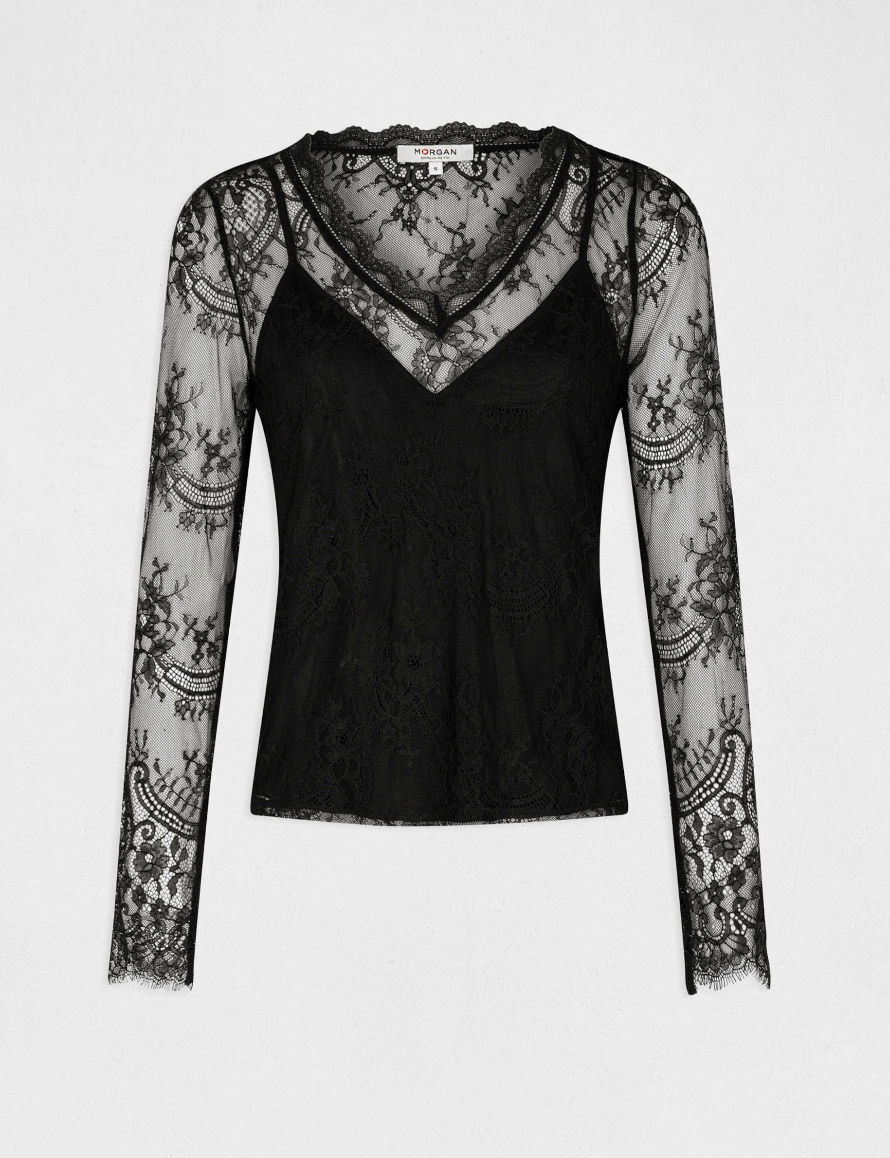 camiseta manga larga con encaje negro mujer Camiseta manga larga con encaje negro mujer