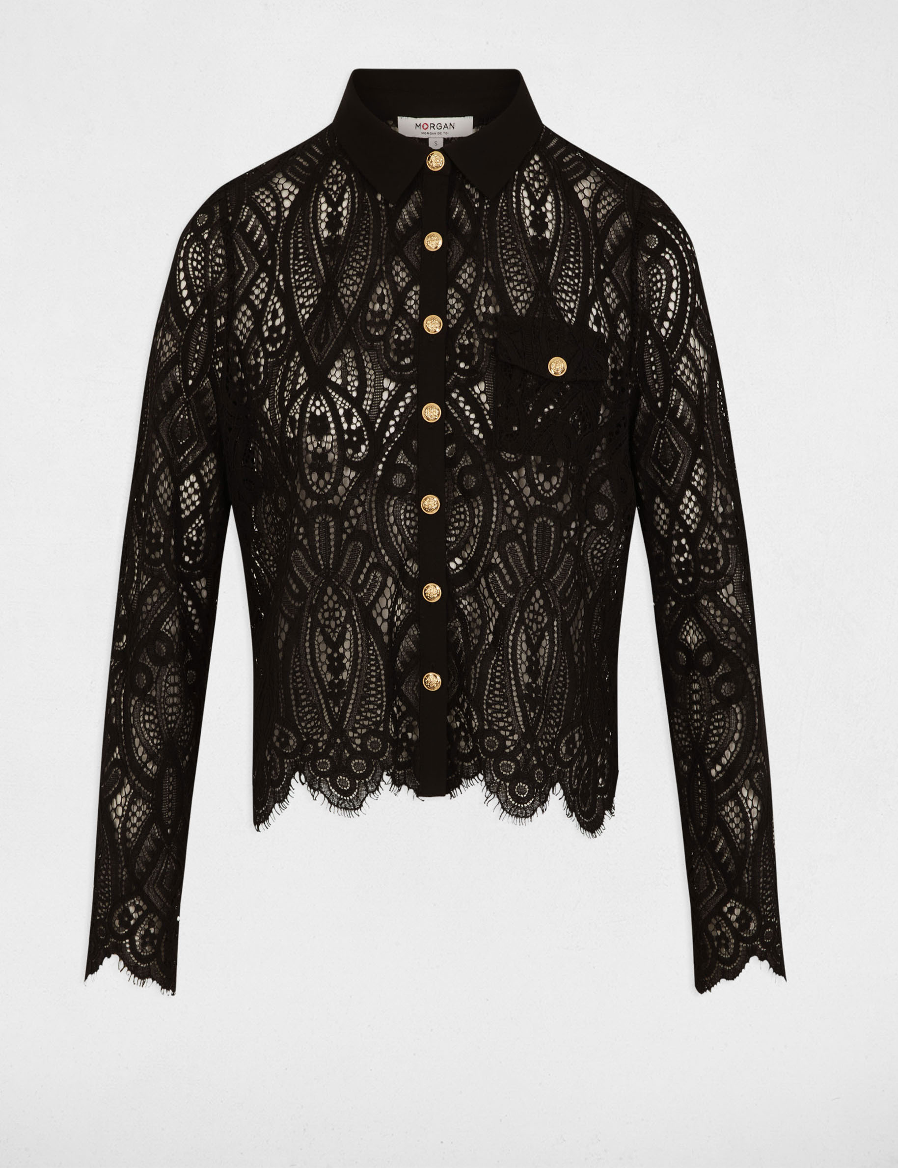 Camisa corta de encaje negro mujer