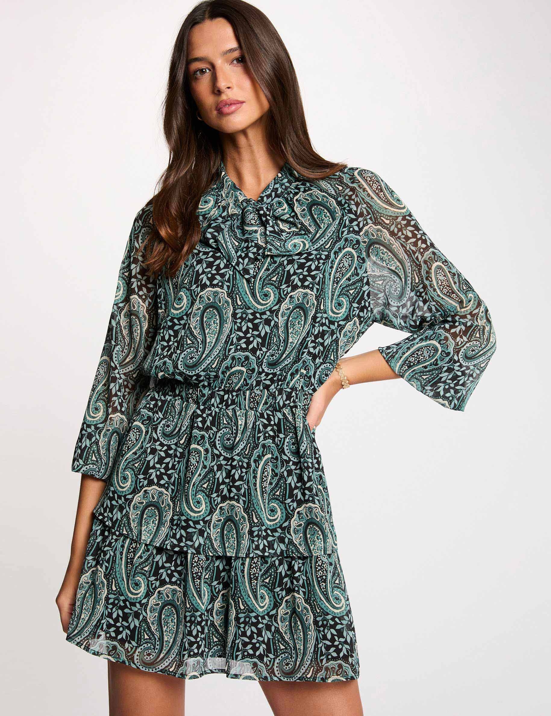 Vestido corto con cuello lavalli&egrave;re multicolor mujer