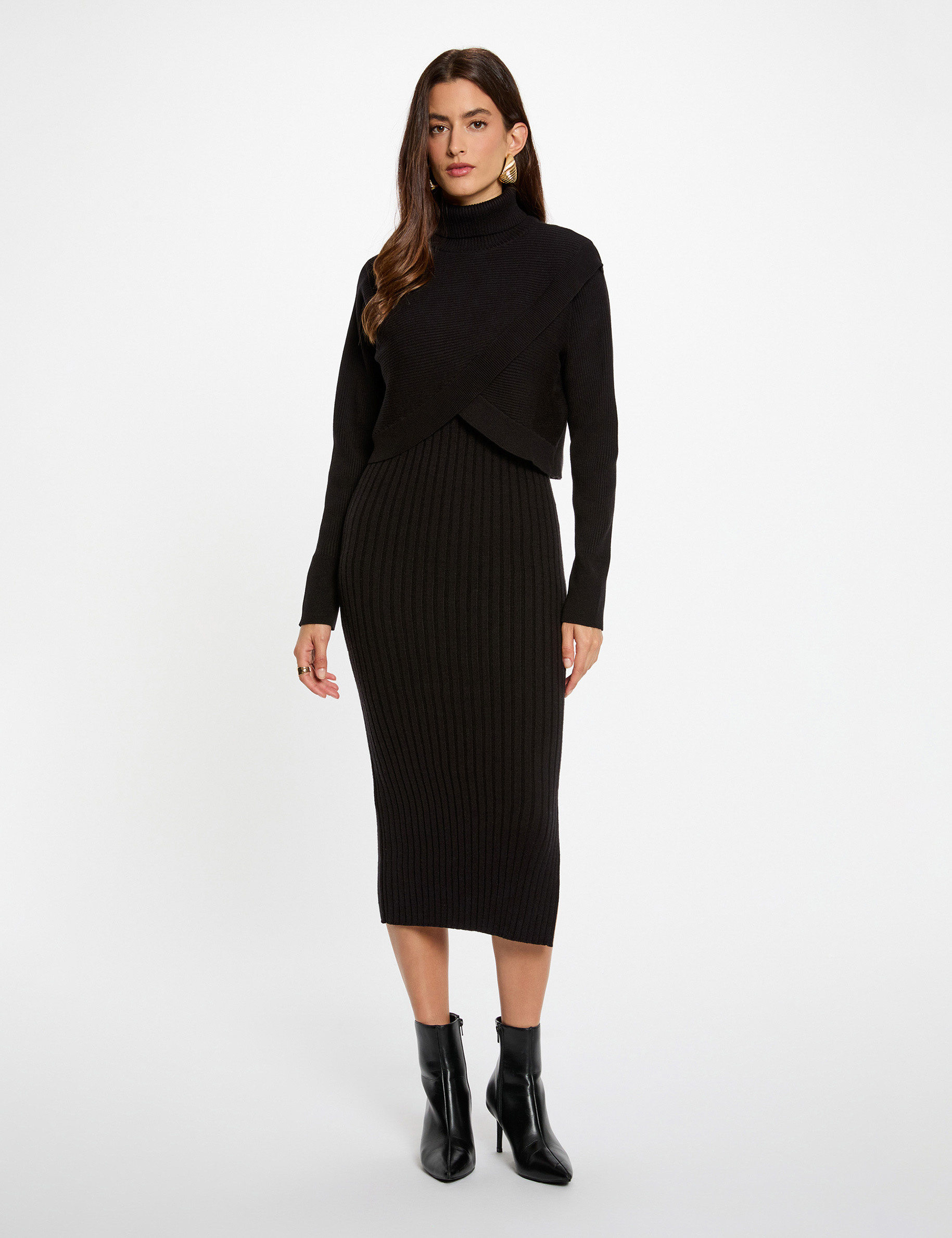 Vestido de punto con cuello alto negro mujer